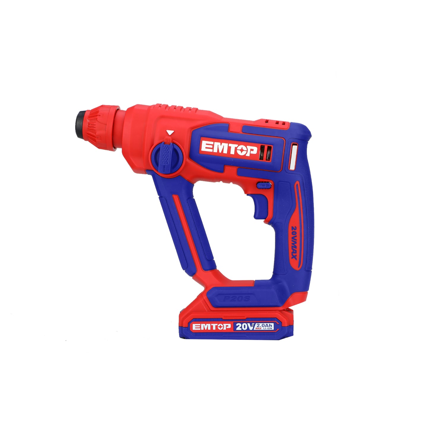 Marteau perforateur sans fil EMTOP 20V Lithium-ion avec 1 chargeur + 1 Batteries 2.0Ah Lithium-ion avec 3 perceuses Rotatif 16 mm 1.5J SDS-Plus