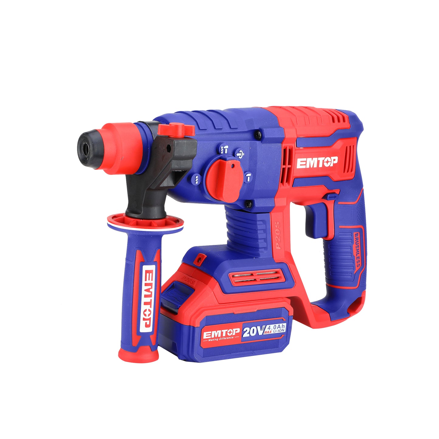 Marteau perforateur Burineur sans fil EMTOP 20V brushless avec 1 chargeur + 1 batterie lithium-ion 4.0Ah avec 3 forets et 1 ciseau à bois avec 1 Batterie et 1 chargeur Rotatif 22 mm 2.0J SDS-Plus