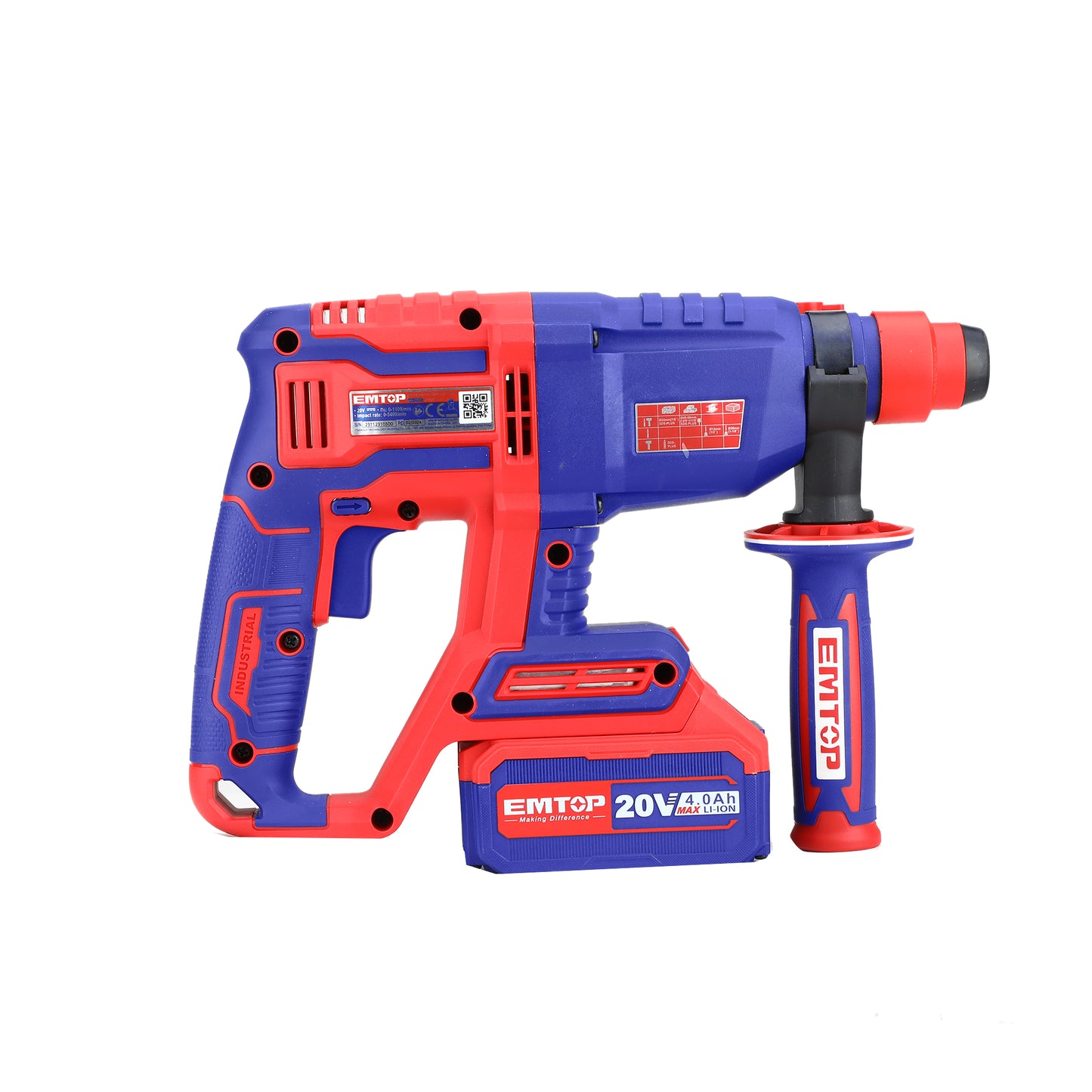 Marteau perforateur Burineur sans fil EMTOP 20V brushless avec 1 chargeur + 1 batterie lithium-ion 4.0Ah avec 3 forets et 1 ciseau à bois avec 1 Batterie et 1 chargeur Rotatif 22 mm 2.0J SDS-Plus