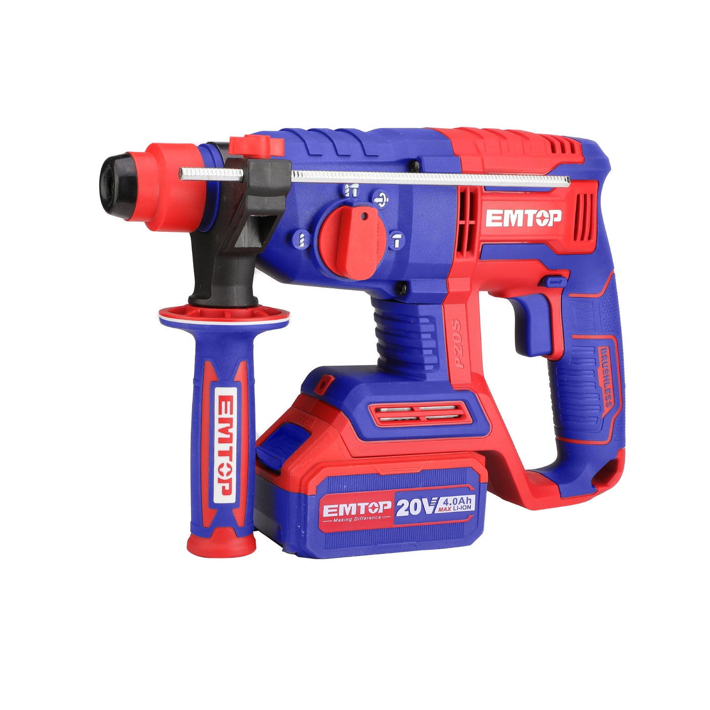 Marteau perforateur Burineur sans fil EMTOP 20V Lithium-ion Moteur brushless avec 3 forets et 1 ciseau à bois Batterie et chargeur vendus séparément Rotatif 22 mm 2.0J SDS-Plus