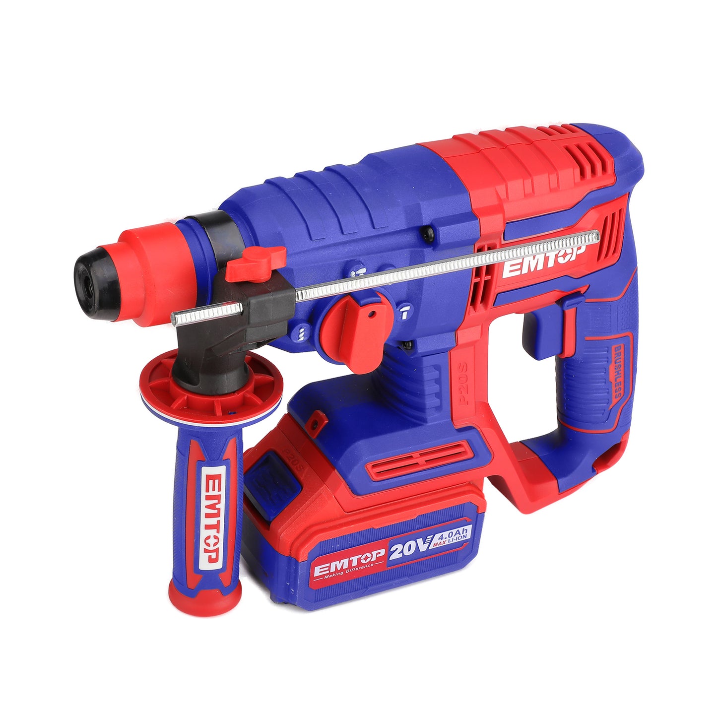 Marteau perforateur Burineur sans fil EMTOP 20V Lithium-ion Moteur brushless avec 3 forets et 1 ciseau à bois Batterie et chargeur vendus séparément Rotatif 22 mm 2.0J SDS-Plus