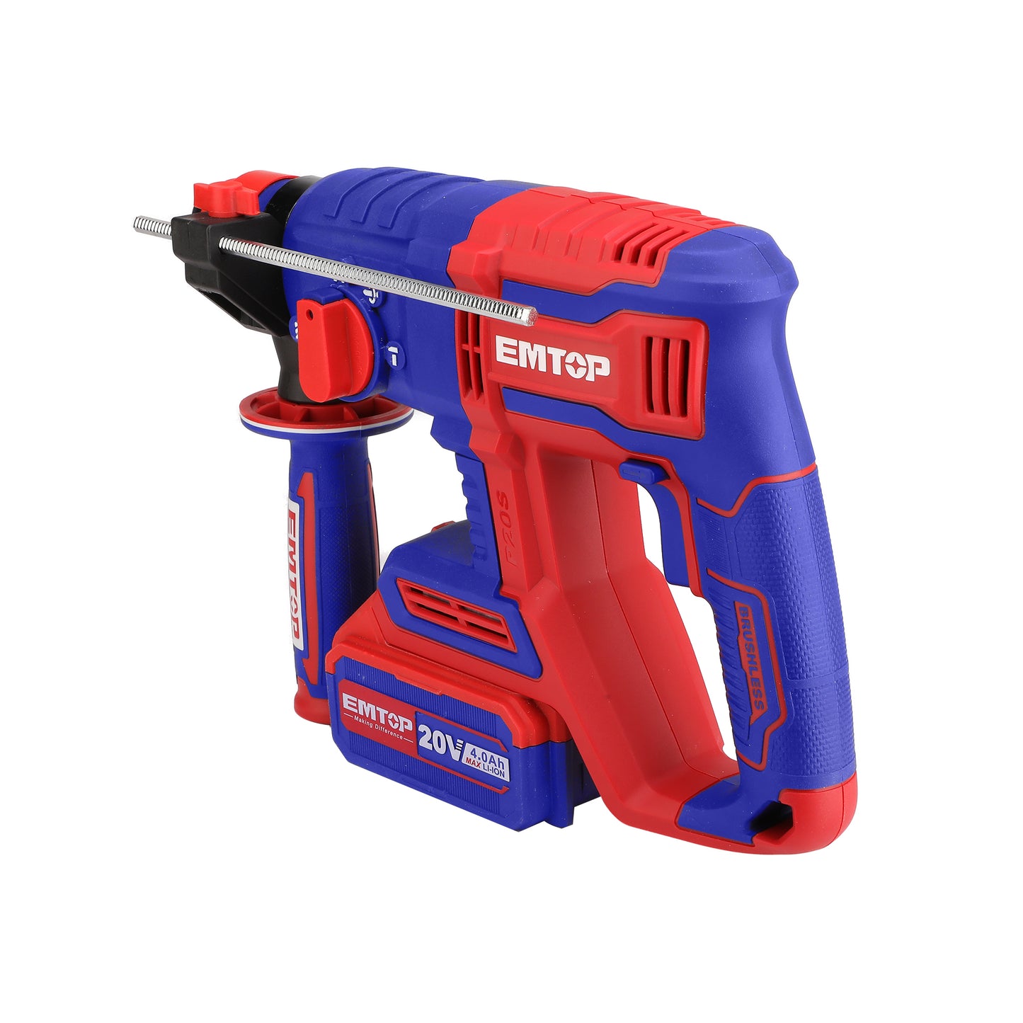 Marteau perforateur Burineur sans fil EMTOP 20V Lithium-ion Moteur brushless avec 3 forets et 1 ciseau à bois Batterie et chargeur vendus séparément Rotatif 22 mm 2.0J SDS-Plus