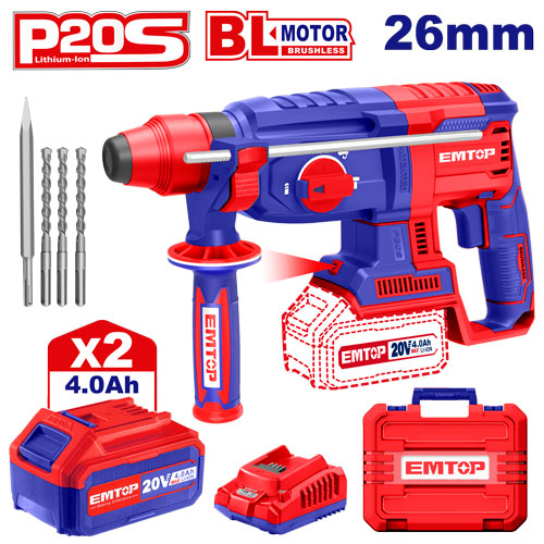 Marteau perforateur Burineur sans fil EMTOP 20V avec 1 chargeur + 2 Batteries 4.0Ah Lithium-ion Moteur brushless avec 3 forets et 1 ciseau à bois Rotatif 30 mm 2.J SDS-Plus