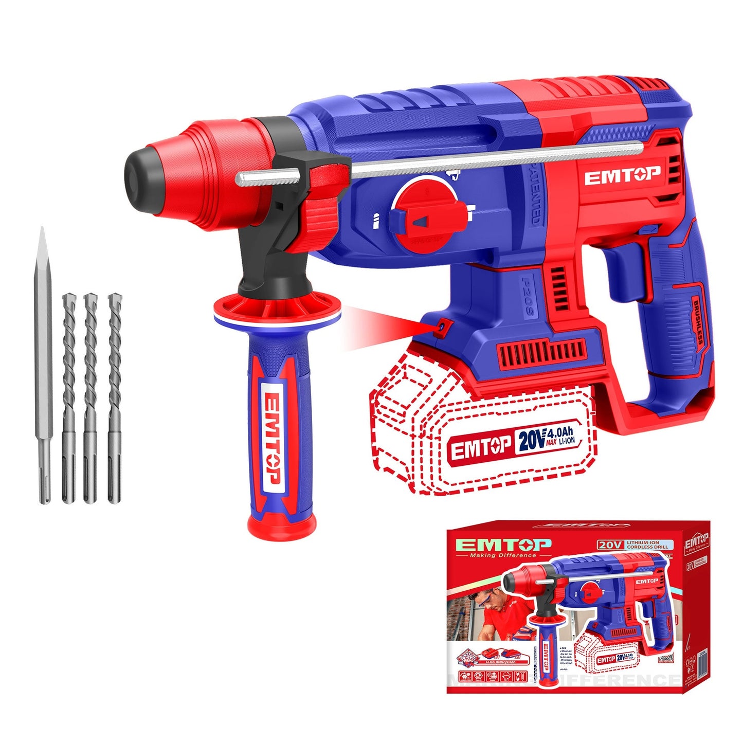 Marteau perforateur Burineur sans fil EMTOP 20V Lithium-ion Moteur brushless avec 3 forets et 1 burin Batterie et chargeur vendus séparément Rotatif 26 mm 2.5J SDS-Plus