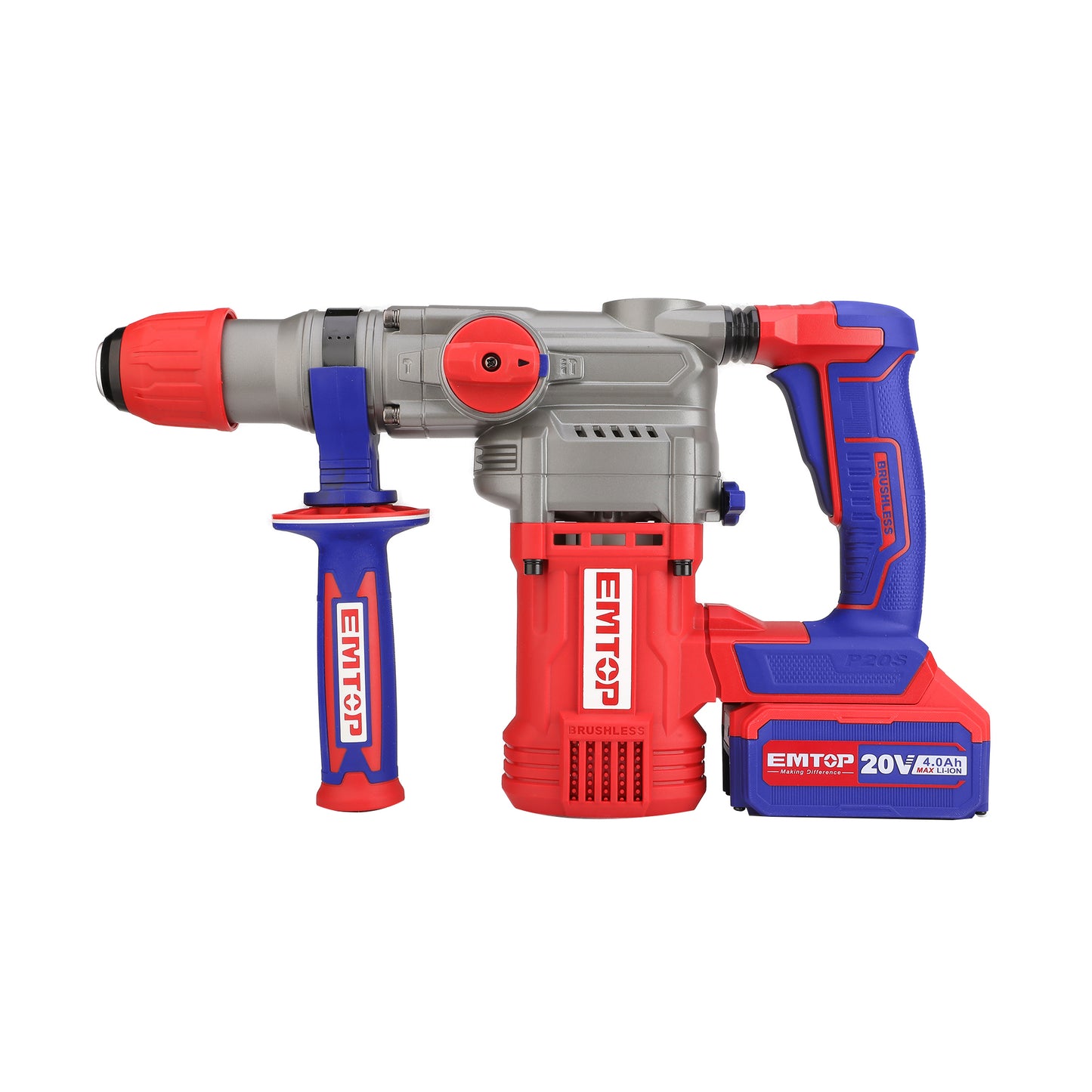 Marteau perforateur Burineur sans fil EMTOP 20V avec 1 chargeur + 2 Batteries 4.0Ah Lithium-ion Moteur brushless avec 3 forets et 1 burin Rotatif 26 mm 2.5J SDS-Plus