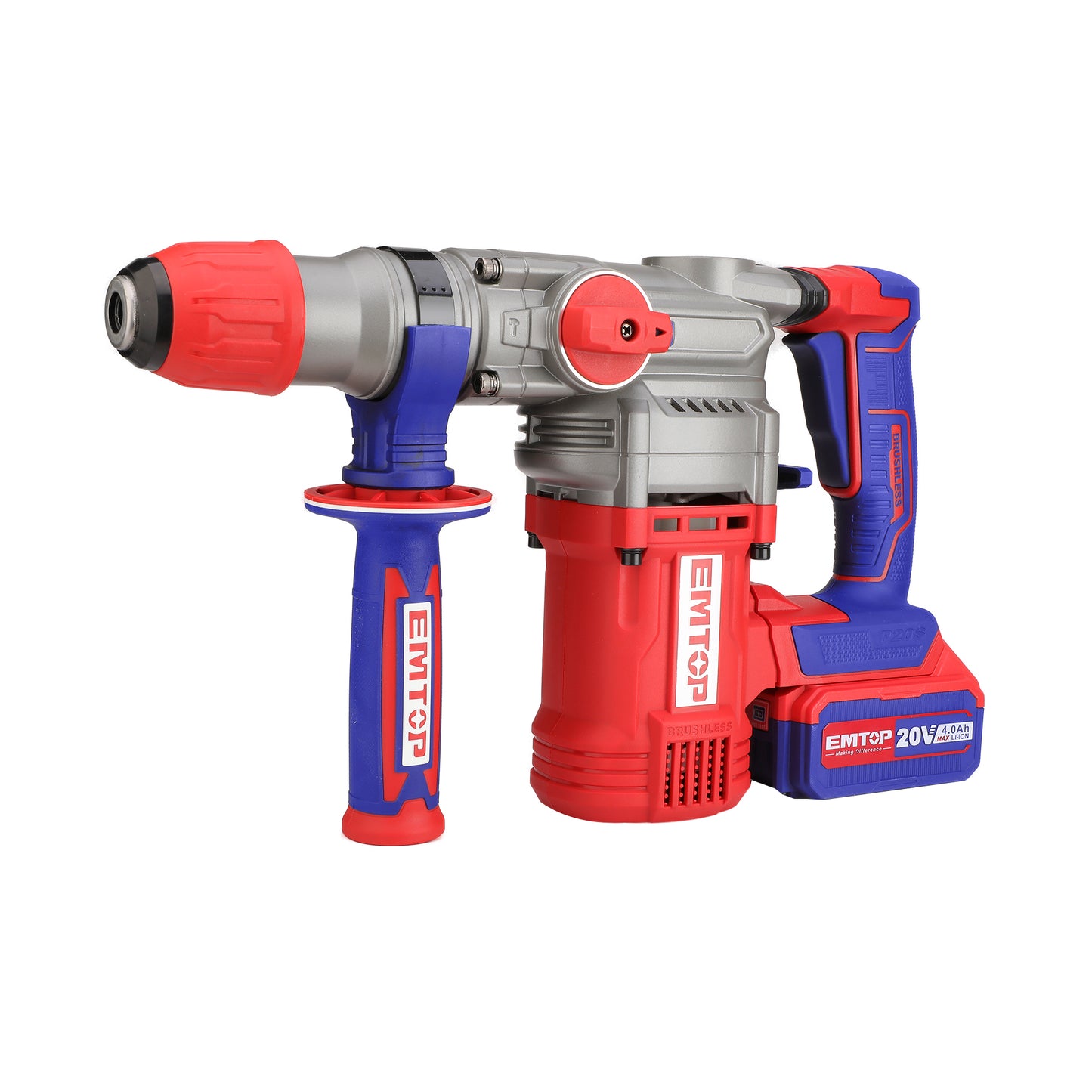 Marteau perforateur Burineur sans fil EMTOP 20V avec 1 chargeur + 2 Batteries 4.0Ah Lithium-ion Moteur brushless avec 3 forets et 1 burin Rotatif 26 mm 2.5J SDS-Plus