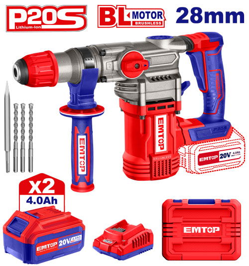Marteau perforateur Burineur sans fil EMTOP 20V avec 1 chargeur + 2 Batteries 4.0Ah Lithium-ion Moteur brushless avec 3 forets et 1 burin Rotatif 26 mm 2.5J SDS-Plus