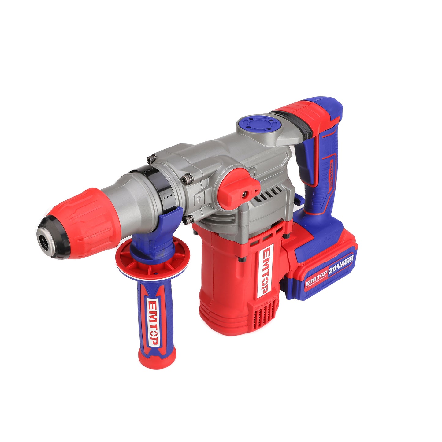 Marteau perforateur Burineur sans fil EMTOP 20V avec 1 chargeur + 2 Batteries 4.0Ah Lithium-ion Moteur brushless avec 3 forets et 1 burin Rotatif 26 mm 2.5J SDS-Plus