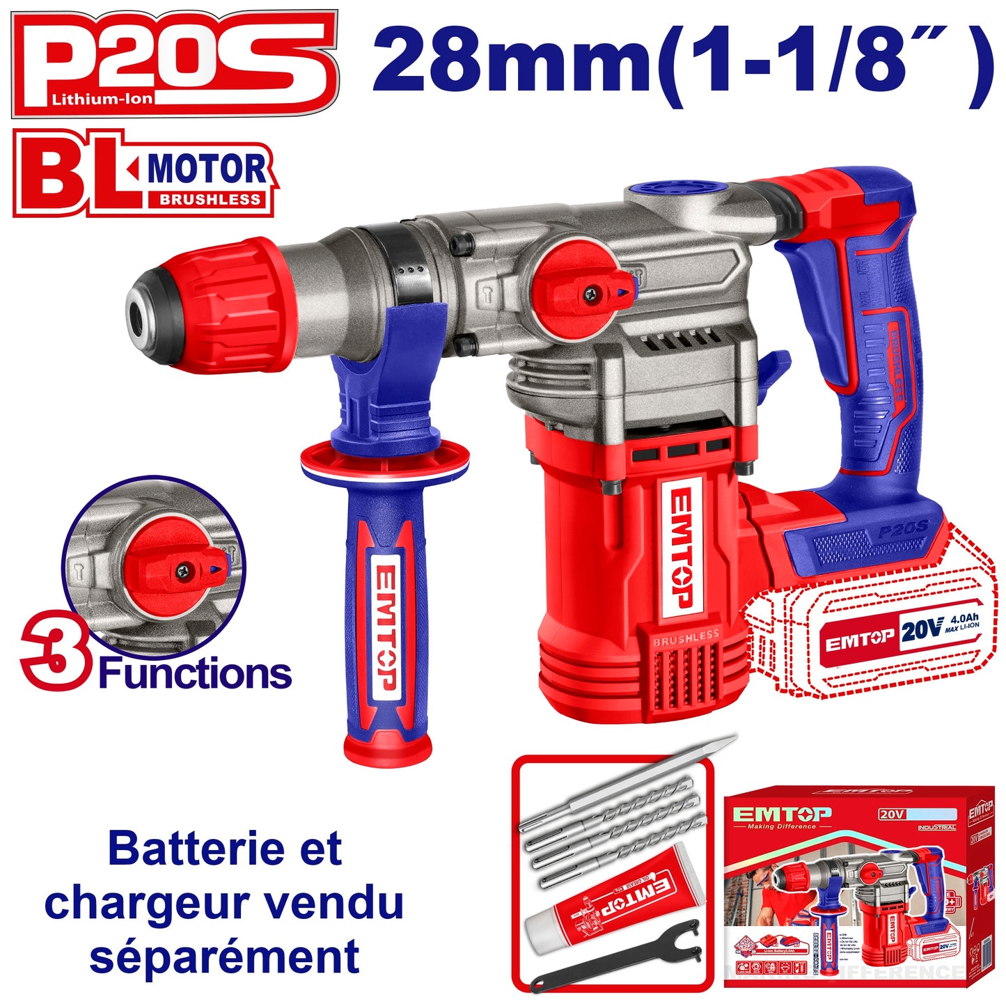 Marteau perforateur Burineur sans fil EMTOP 20V Moteur brushless avec 3 forets et 1 ciseau Rotatif 28 mm 4.5J SDS-Plus Batterie et chargeur vendus séparément Perceuse, visseuse, perforateur, burineur, marteau-piqueur