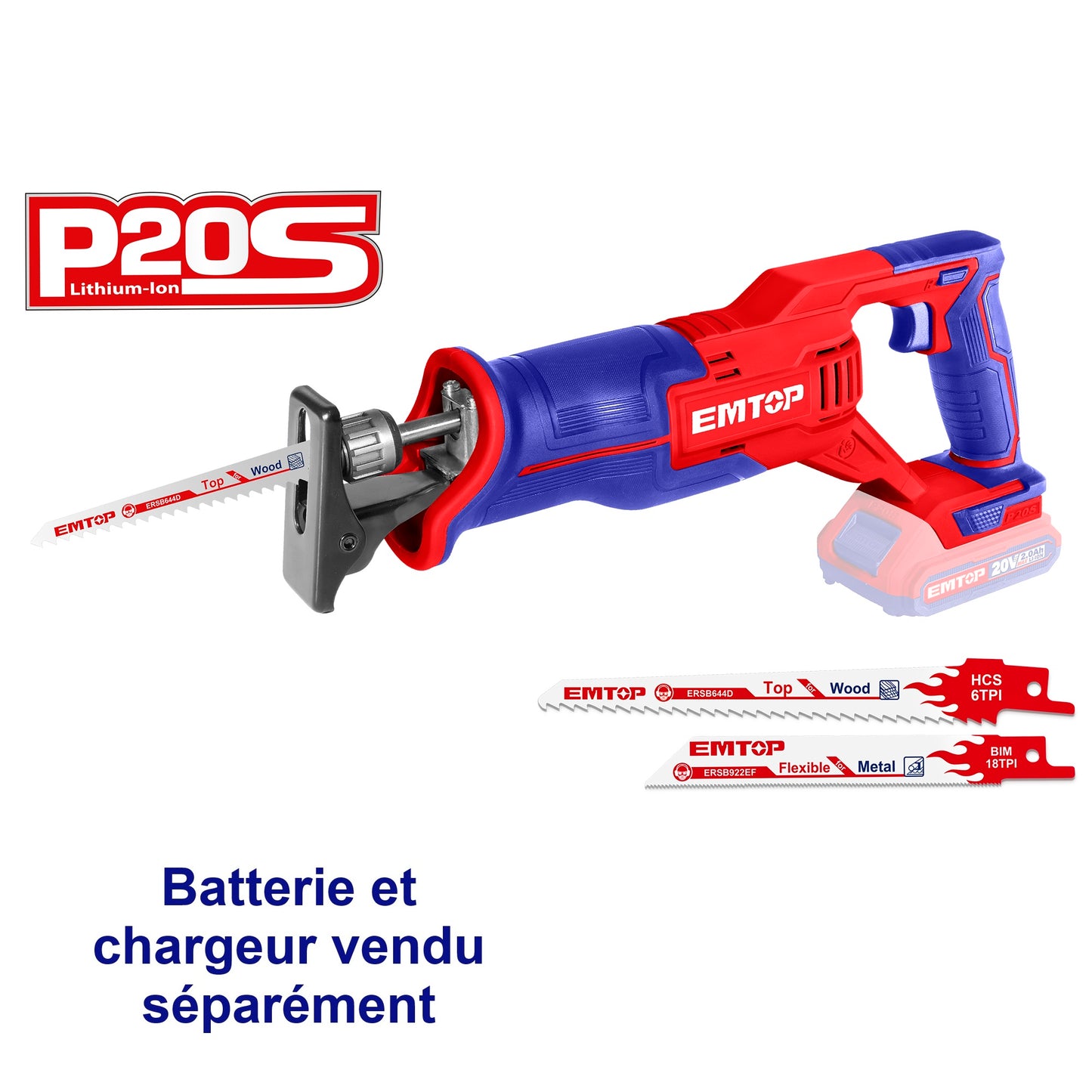 Scie sabre sans fil EMTOP 20V batterie et chargeur vendus séparément avec 1 lame de scie à métal + 1 lame de scie à bois