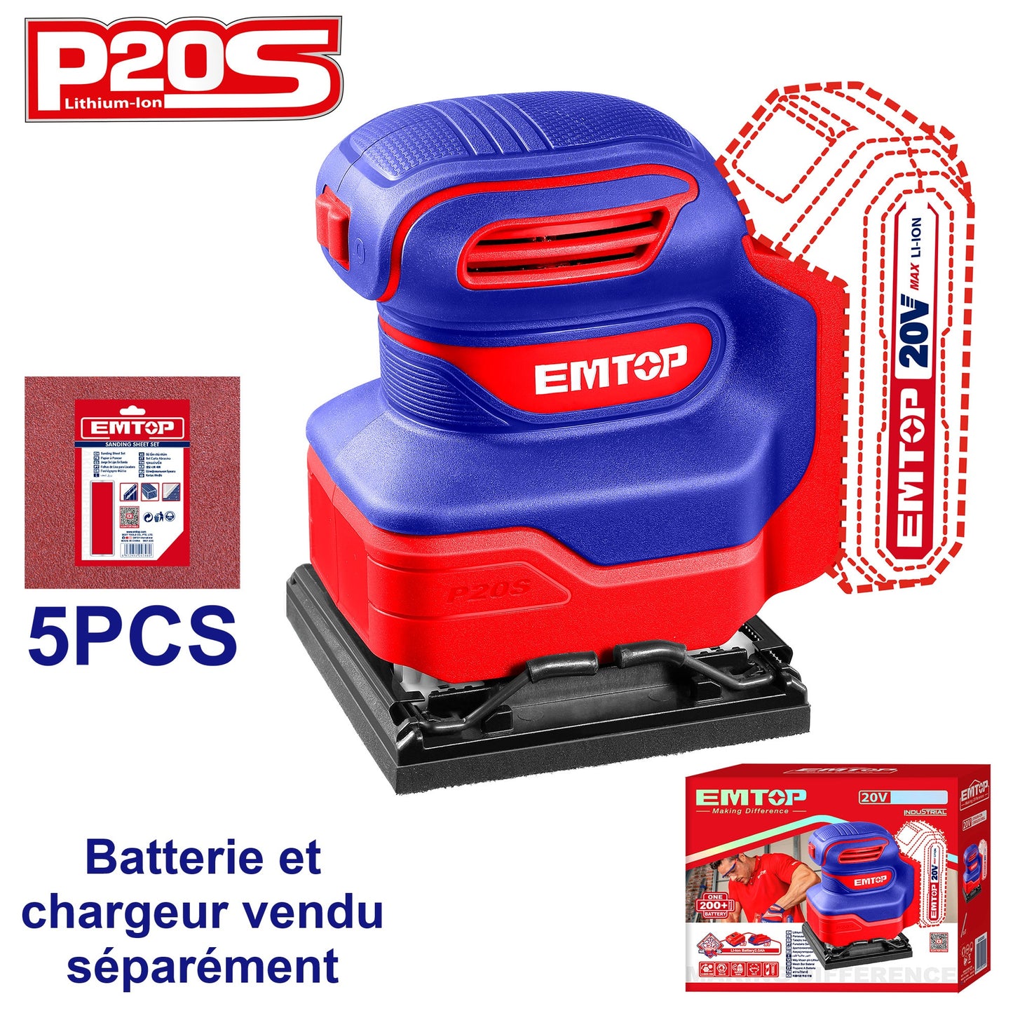 Ponceuse vibrante sans fil EMTOP 20V batterie et chargeur vendus séparément avec 5 abrasifs