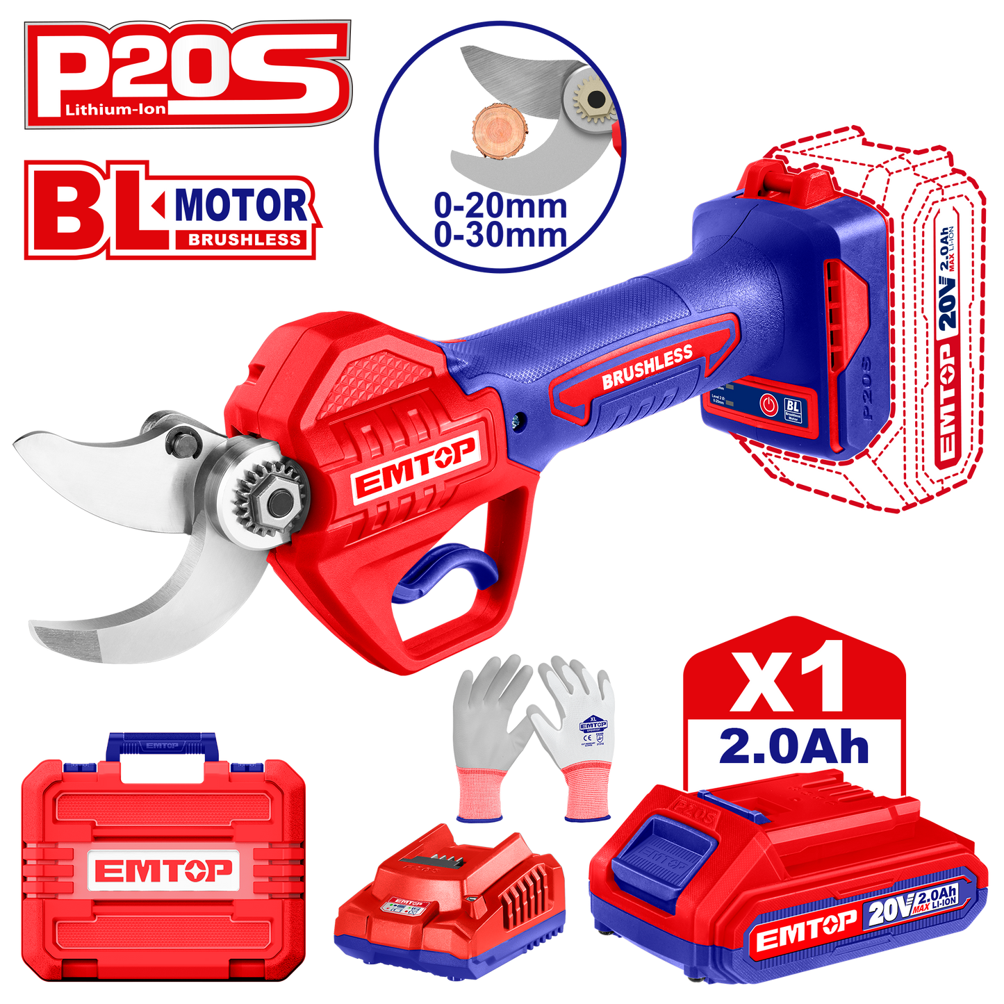 Sécateur sur batterie Coupe branches sans fil EMTOP 20V moteur brushless diamètre de coupe 40mm avec 1 chargeur + 1 Batterie Lithium-ion 2.0Ah + Gants tricotés et à pois en PVC + 1 pierre à aiguiser + boîte en plastique