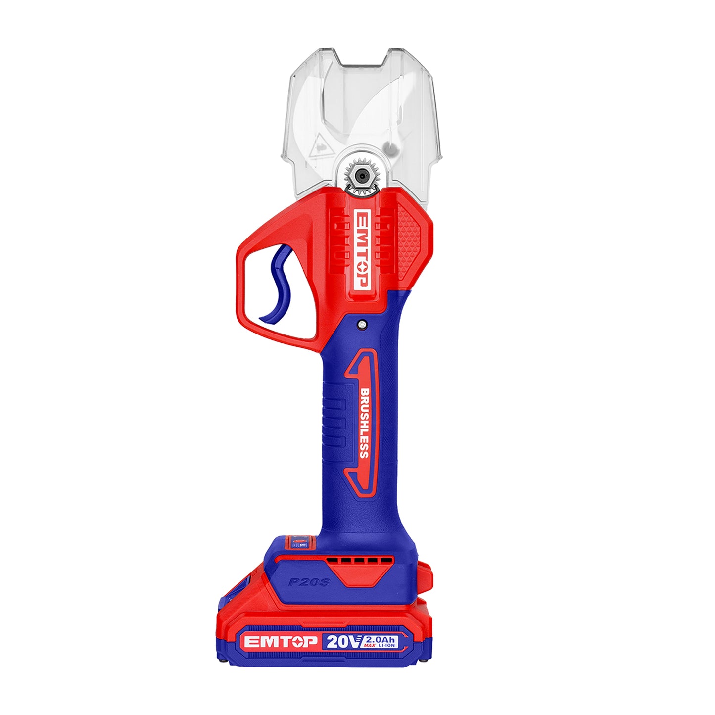 Sécateur sur batterie Coupe branches sans fil EMTOP 20V moteur brushless diamètre de coupe 40mm avec 1 chargeur + 1 Batterie Lithium-ion 2.0Ah + Gants tricotés et à pois en PVC + 1 pierre à aiguiser + boîte en plastique
