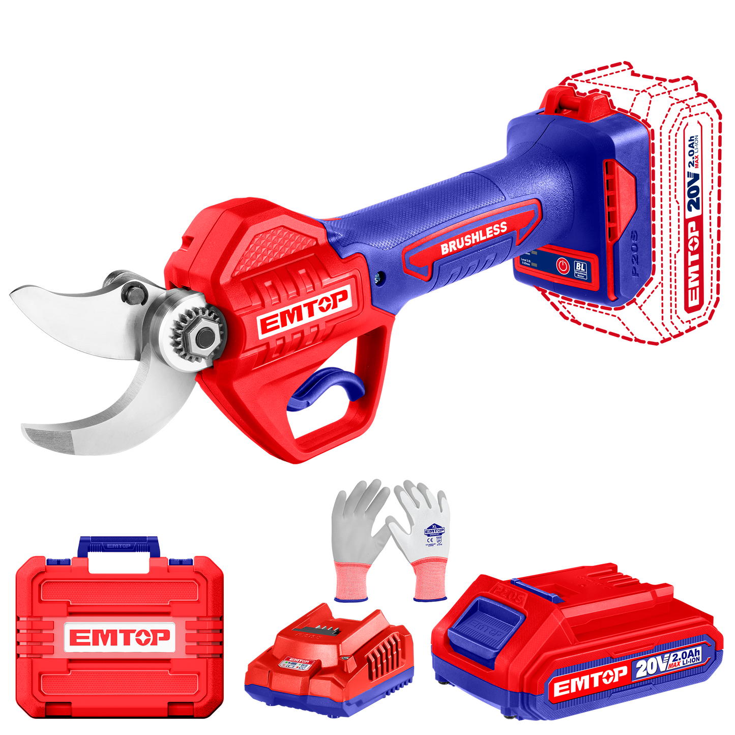 Sécateur sur batterie Coupe branches sans fil EMTOP 20V moteur brushless diamètre de coupe 40mm avec 1 chargeur + 1 Batterie Lithium-ion 2.0Ah + Gants tricotés et à pois en PVC + 1 pierre à aiguiser + boîte en plastique