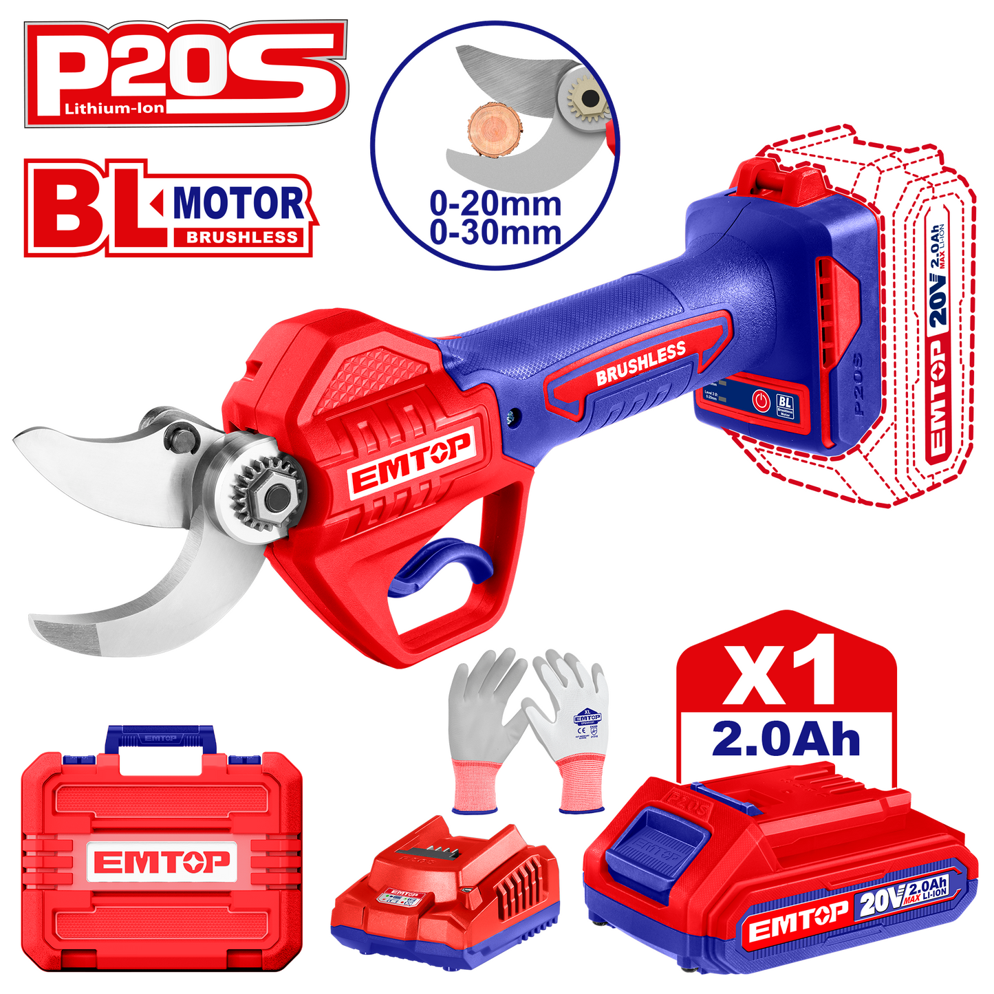 Sécateur sur batterie Coupe branches sans fil EMTOP 20V moteur brushless diamètre de coupe 40mm avec 1 chargeur + 1 Batterie Lithium-ion 2.0Ah + Gants tricotés et à pois en PVC + 1 pierre à aiguiser + boîte en plastique
