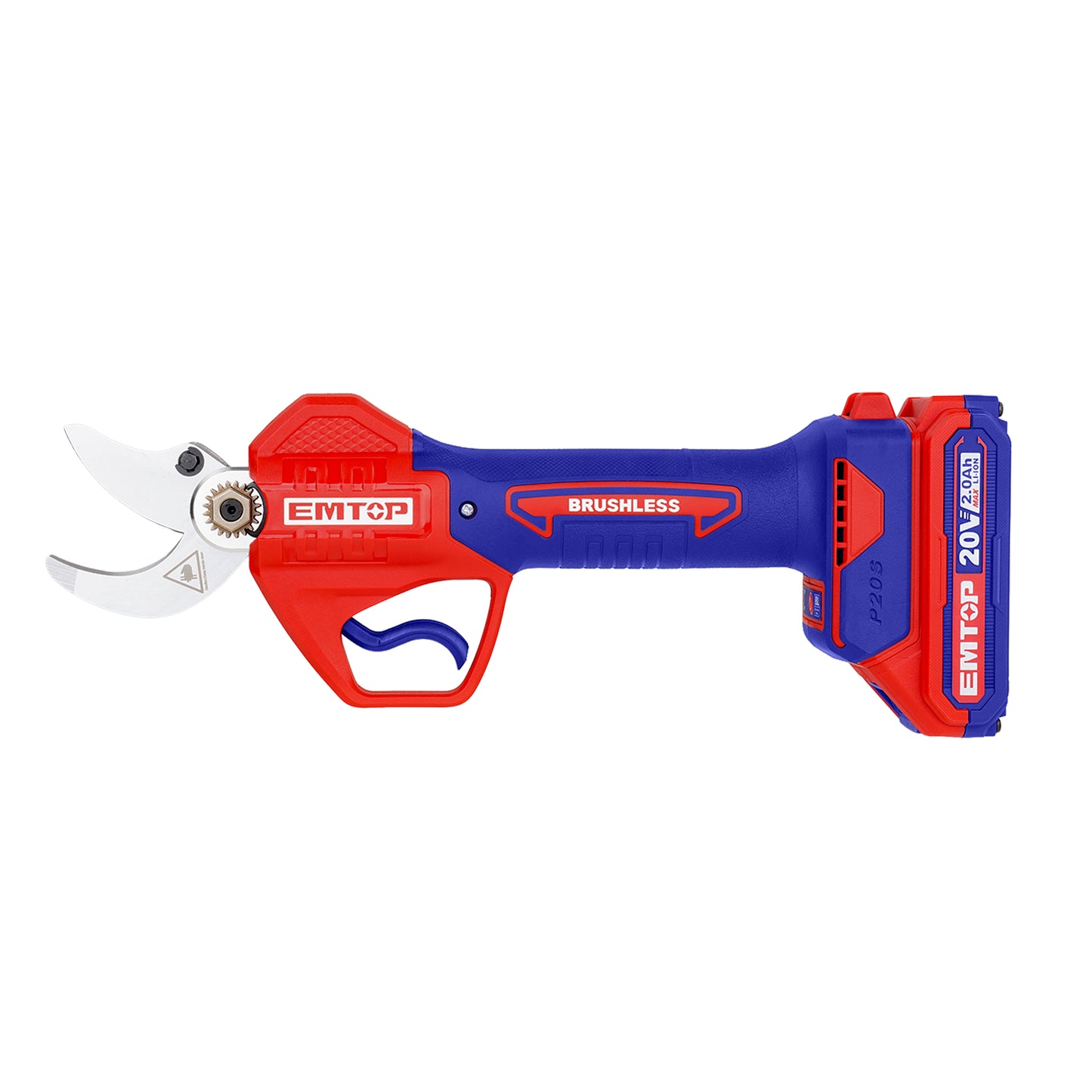Sécateur sur batterie Coupe branches sans fil EMTOP 20V moteur brushless diamètre de coupe 40mm avec 1 chargeur + 1 Batterie Lithium-ion 2.0Ah + Gants tricotés et à pois en PVC + 1 pierre à aiguiser + boîte en plastique