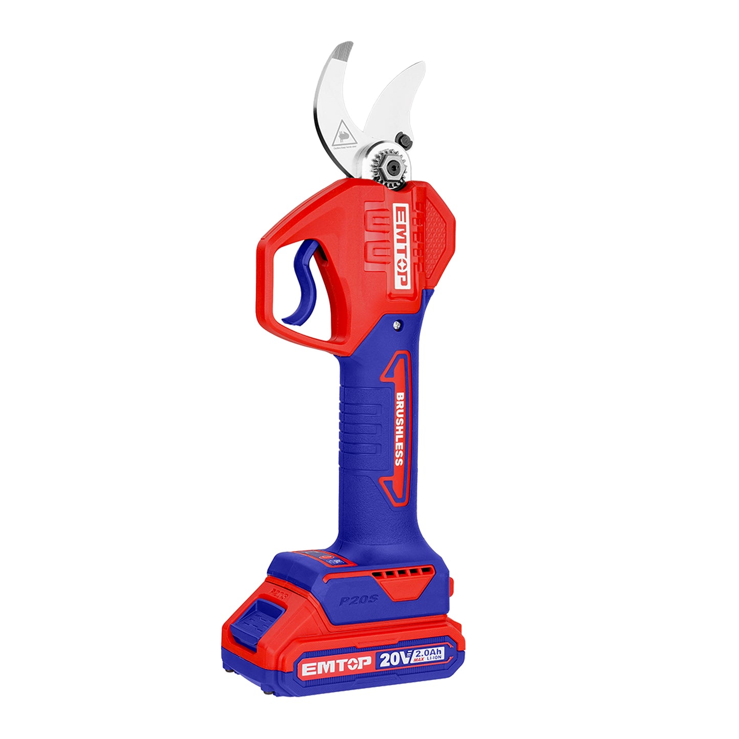 Sécateur sur batterie Coupe branches sans fil EMTOP 20V moteur brushless diamètre de coupe 40mm avec 1 chargeur + 1 Batterie Lithium-ion 2.0Ah + Gants tricotés et à pois en PVC + 1 pierre à aiguiser + boîte en plastique
