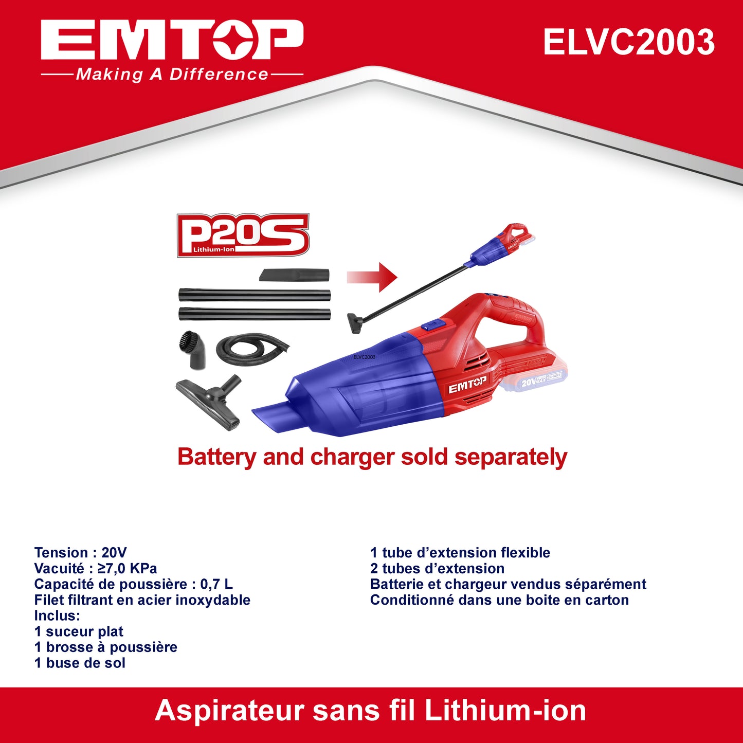 Aspirateur portable sans fil EMTOP 20V batterie et chargeur vendus séparément 7KPa Vpower Bac à poussière de 0,7L avec 3 buses et 3 tubes d'extension