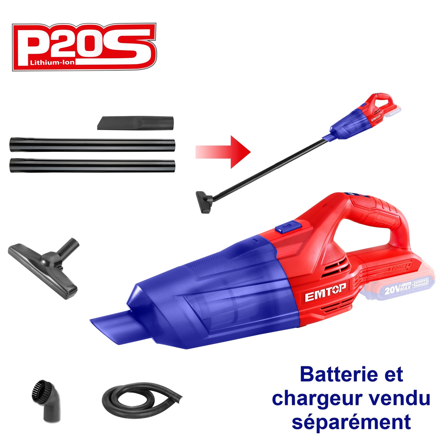 Aspirateur portable sans fil EMTOP 20V batterie et chargeur vendus séparément 7KPa Vpower Bac à poussière de 0,7L avec 3 buses et 3 tubes d'extension