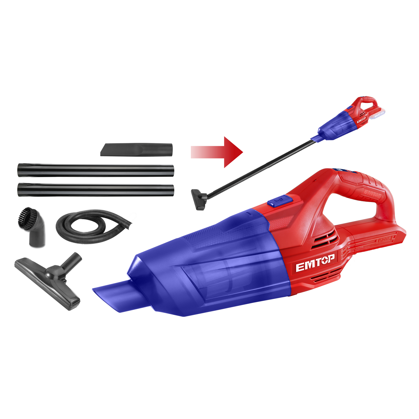 Aspirateur portable sans fil EMTOP 20V batterie et chargeur vendus séparément 7KPa Vpower Bac à poussière de 0,7L avec 3 buses et 3 tubes d'extension