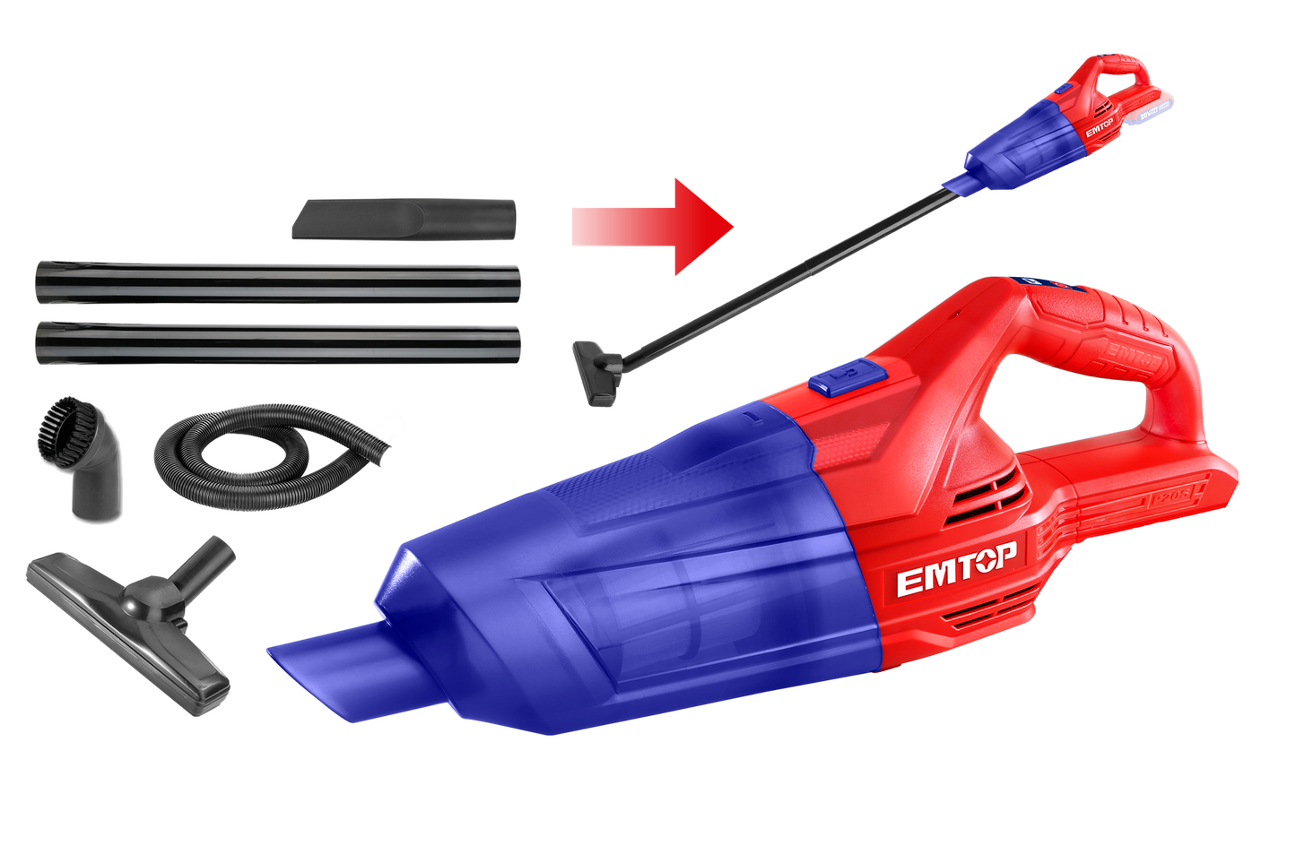 Aspirateur portable sans fil EMTOP 20V batterie et chargeur vendus séparément 7KPa Vpower Bac à poussière de 0,7L avec 3 buses et 3 tubes d'extension