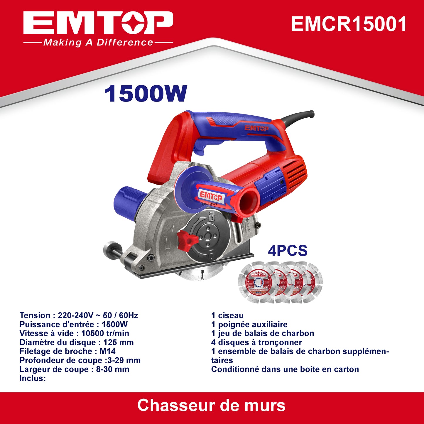 Rainureuse à béton chasseur de murs filaire 1500W EMTOP avec 1 ciseau 1 poignée auxiliaire 1 jeu de balais de charbon 4 disques à tronçonner 1 ensemble de balais de charbon
