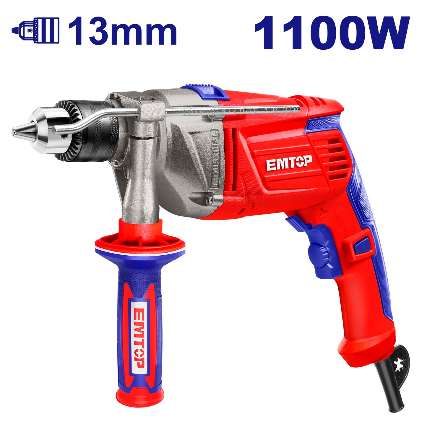 Perceuse à percussion filaire 1100W EMTOP Fonction marteau Boîte de vitesses en aluminium Avec 1 ensemble de balais de charbon