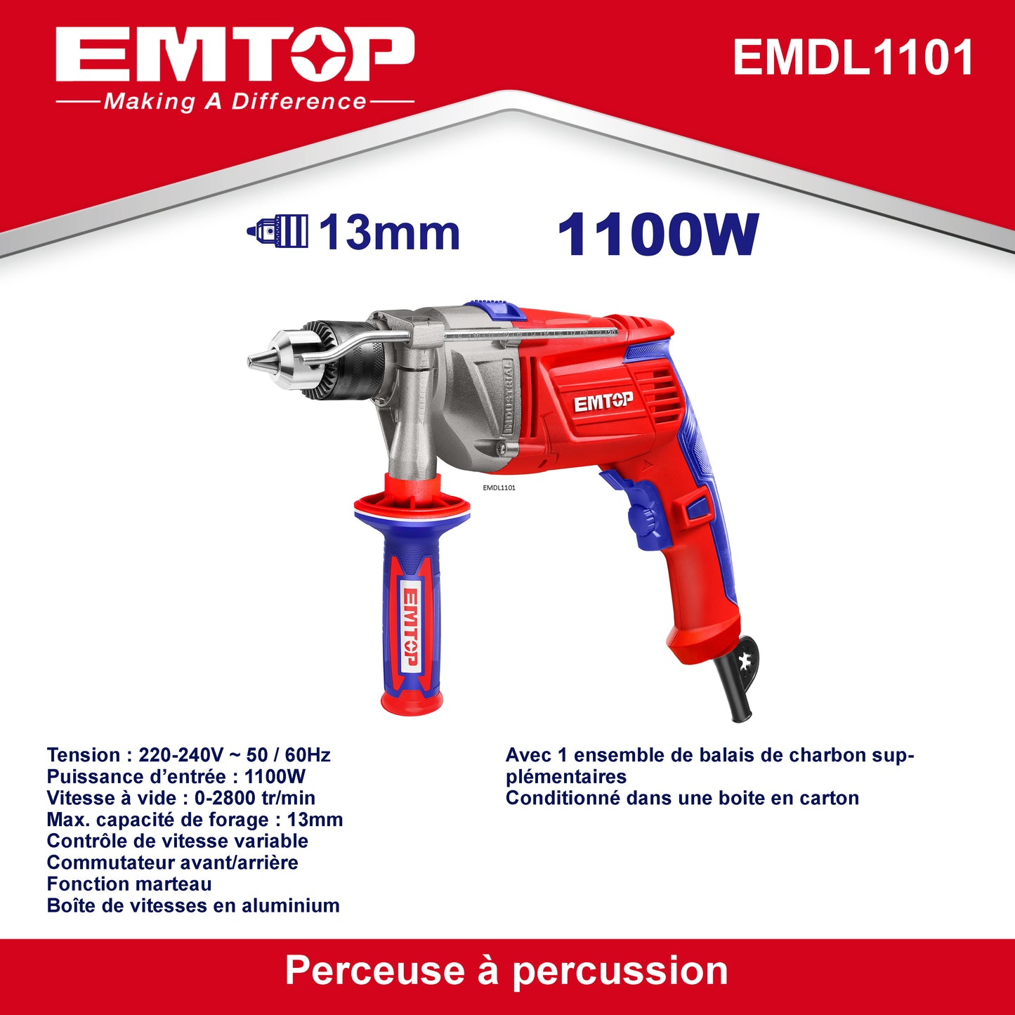 Perceuse à percussion filaire 1100W EMTOP Fonction marteau Boîte de vitesses en aluminium Avec 1 ensemble de balais de charbon