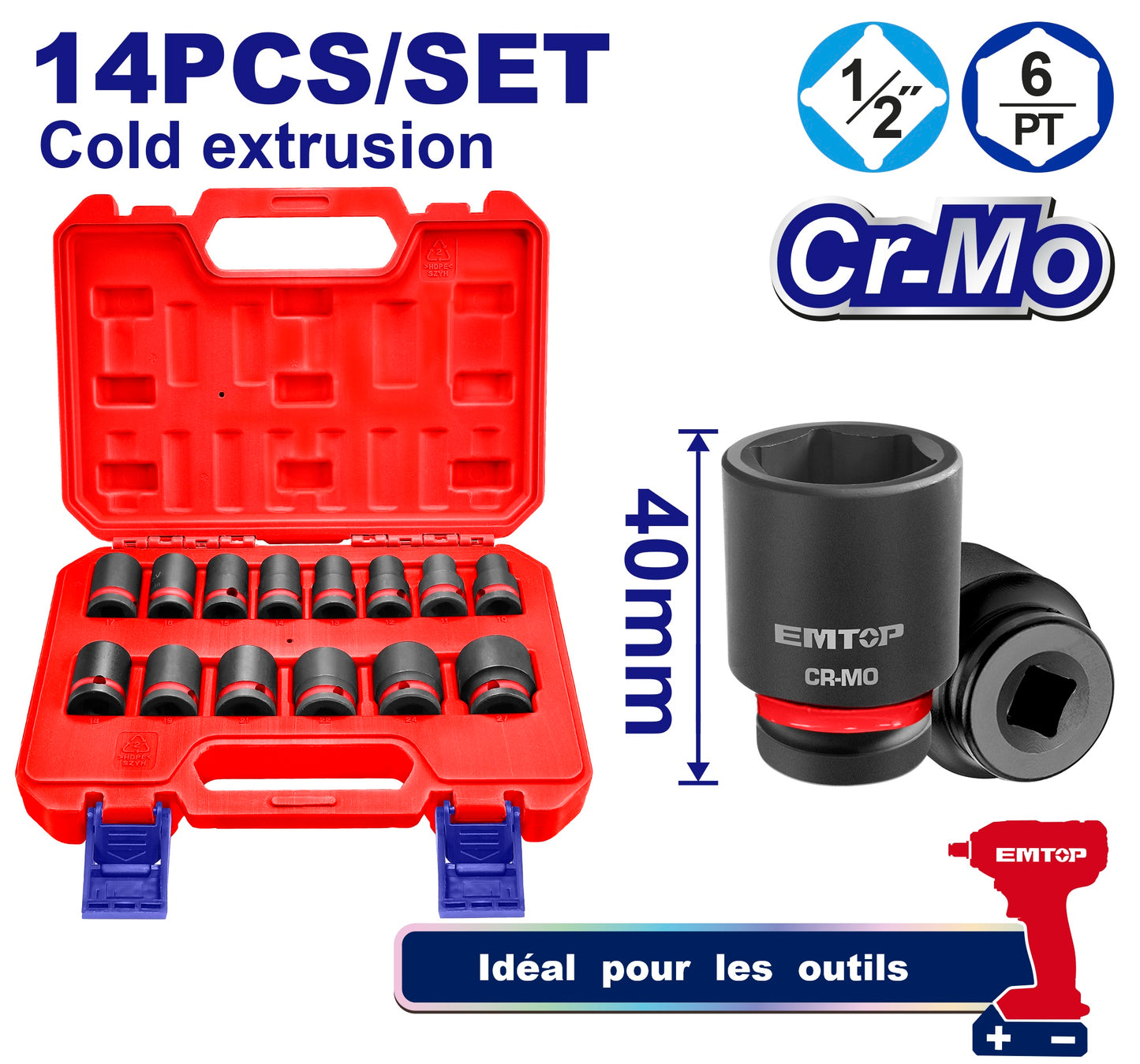 14 Pcs 1/2"DR. Jeu de douilles à chocs EMSSD12141 EMTOP