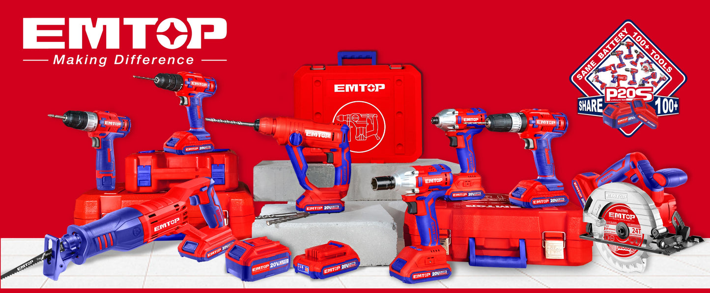 Marteau perforateur filaire 1500W EMTOP Système de mandrin SDS plus anti-vibration avec 3 forets et 2 burins 1 ensemble de balais de charbon + Boîte en plastique