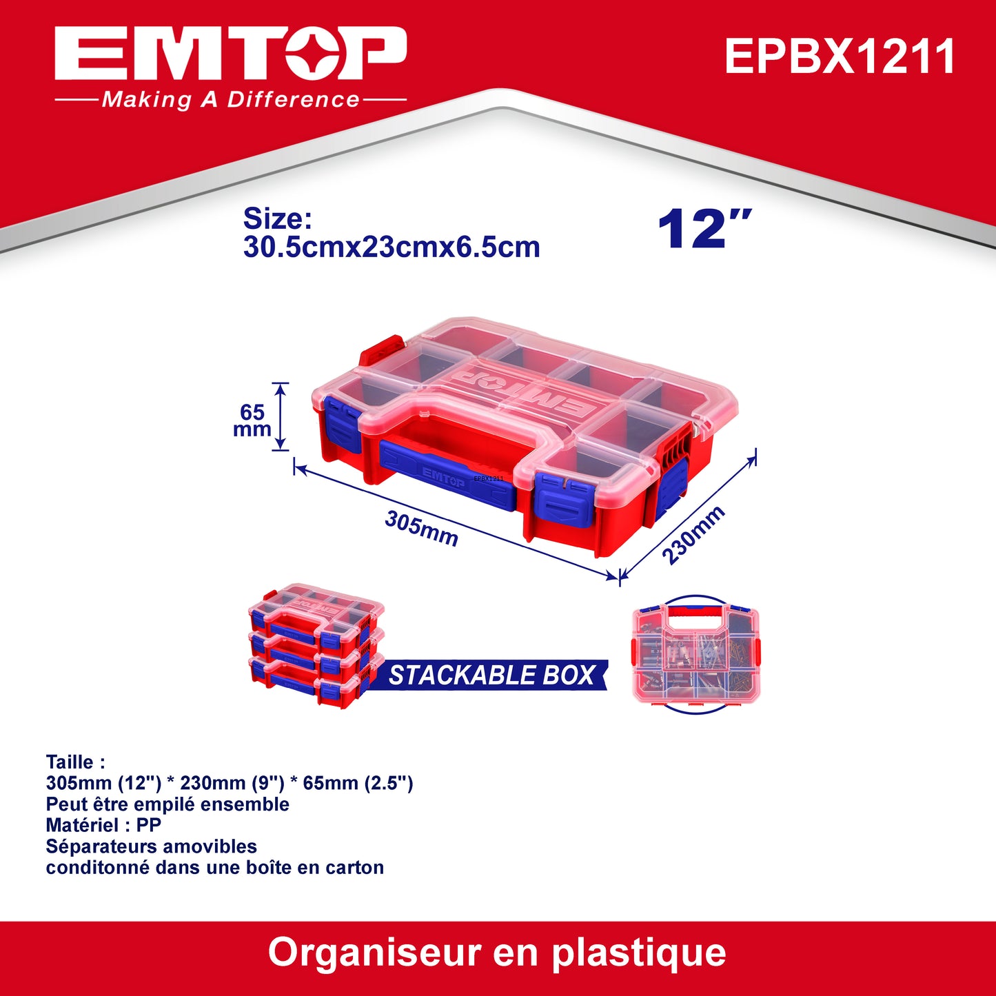Lot de 3 boîtes à outil de rangement Organiseur en plastique EMTOP 12" Valise Empilable Rangement Multiple Cases Modulables Séparateurs amovibles