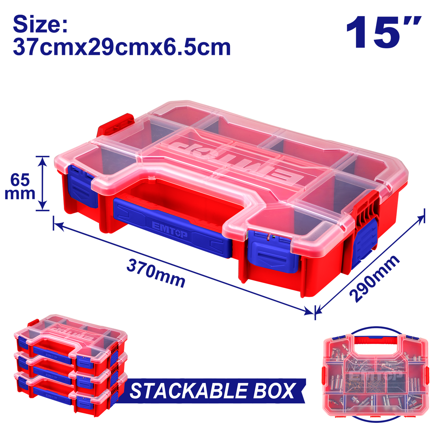Lot de 3 boîtes à Outil de rangement Organiseur en plastique EMTOP 15" Valise Empilable Rangement Multiple Cases Modulables Séparateurs amovibles