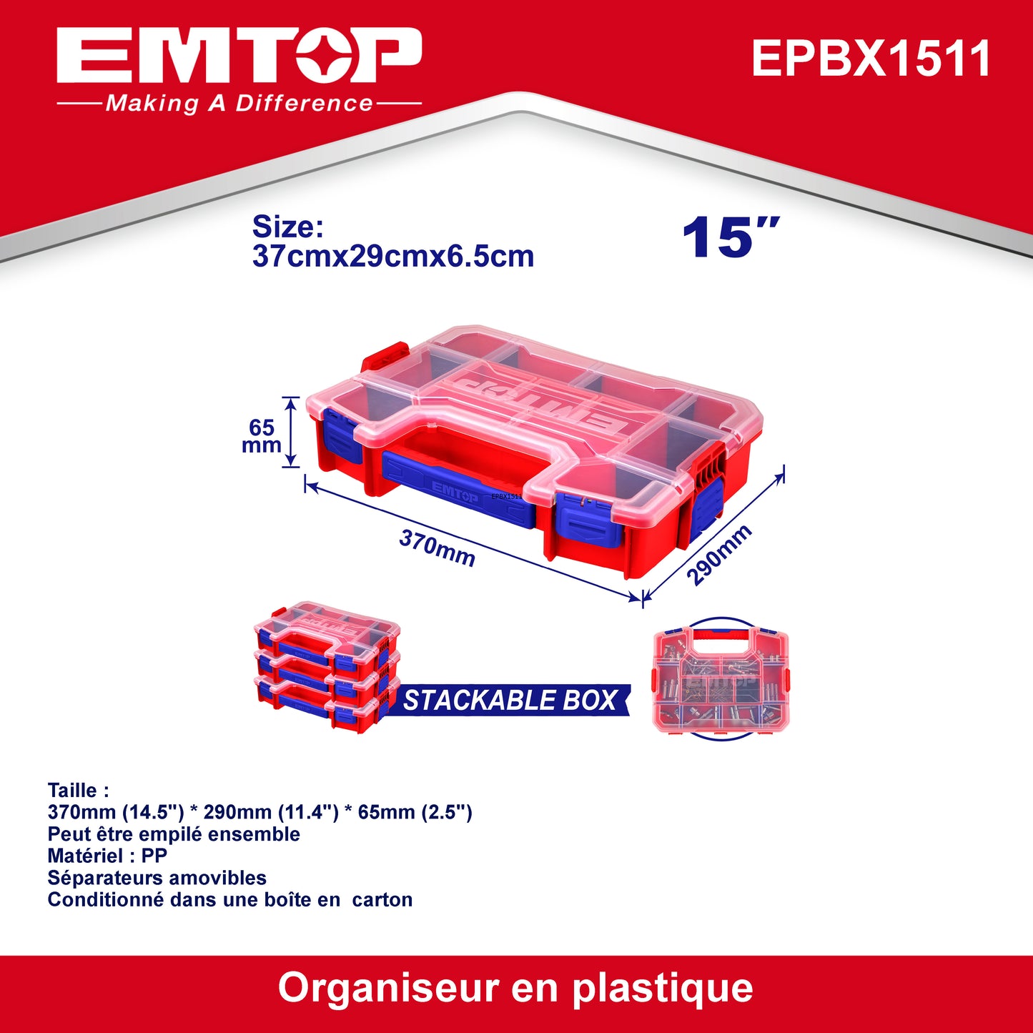 Lot de 3 boîtes à Outil de rangement Organiseur en plastique EMTOP 15" Valise Empilable Rangement Multiple Cases Modulables Séparateurs amovibles
