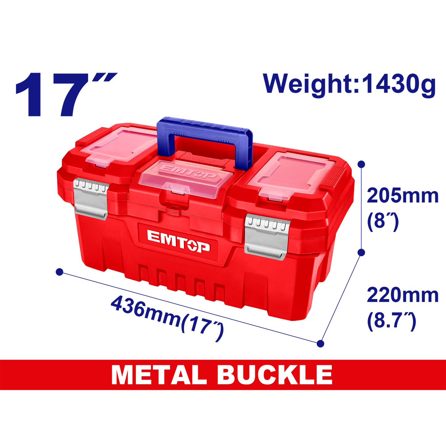 Boîte à outils en plastique EMTOP 17" Charge maximale 15Kg Boucle en métal Poignée haute résistance Couvercle supérieur avec trois zones de rangement Contient 1 plateau en plastique