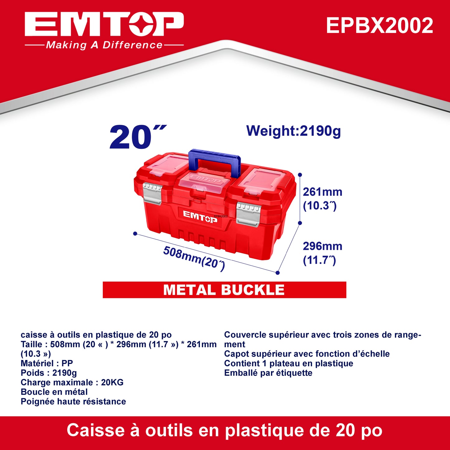Boîte à outils en plastique EMTOP 20" Charge maximale 20Kg Boucle en métal Poignée haute résistance Couvercle supérieur avec trois zones de rangement Contient 1 plateau en plastique
