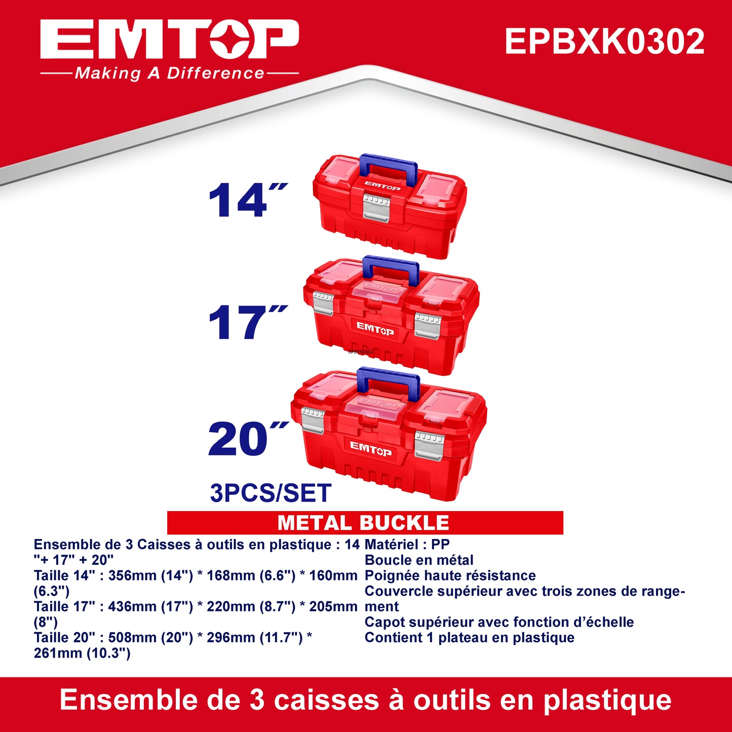 Ensemble de 3 boîtes à outils en plastique EMTOP 14" + 17" + 20" Boucle en métal Poignée haute résistance Couvercle supérieur avec trois zones de rangement Contient 1 plateau en plastique