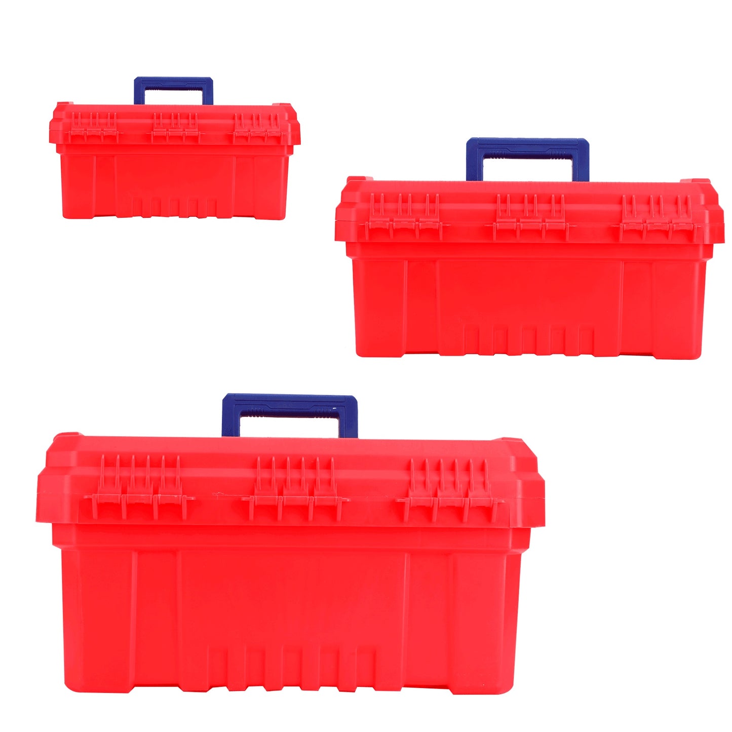 Ensemble de 3 boîtes à outils en plastique EMTOP 14" + 17" + 20" Boucle en métal Poignée haute résistance Couvercle supérieur avec trois zones de rangement Contient 1 plateau en plastique