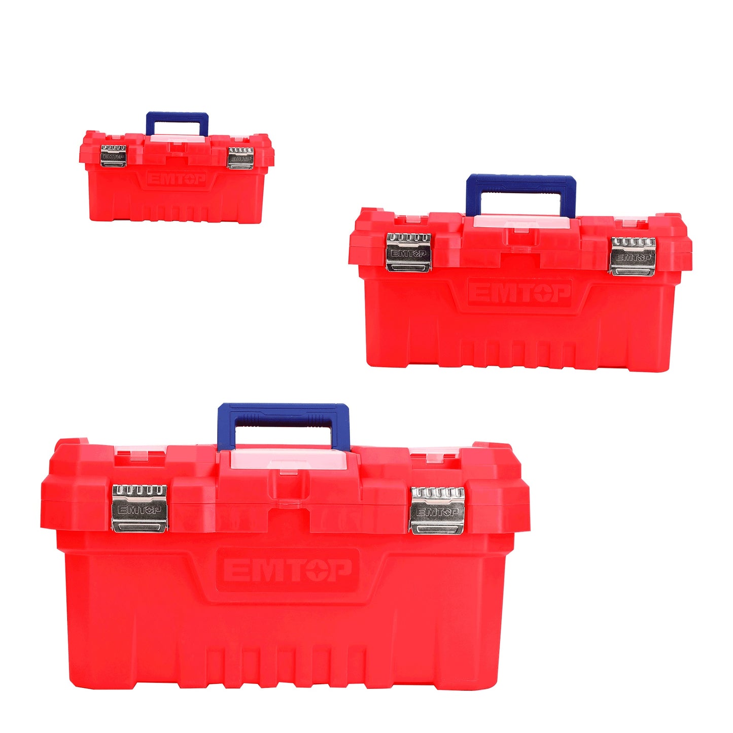 Ensemble de 3 boîtes à outils en plastique EMTOP 14" + 17" + 20" Boucle en métal Poignée haute résistance Couvercle supérieur avec trois zones de rangement Contient 1 plateau en plastique