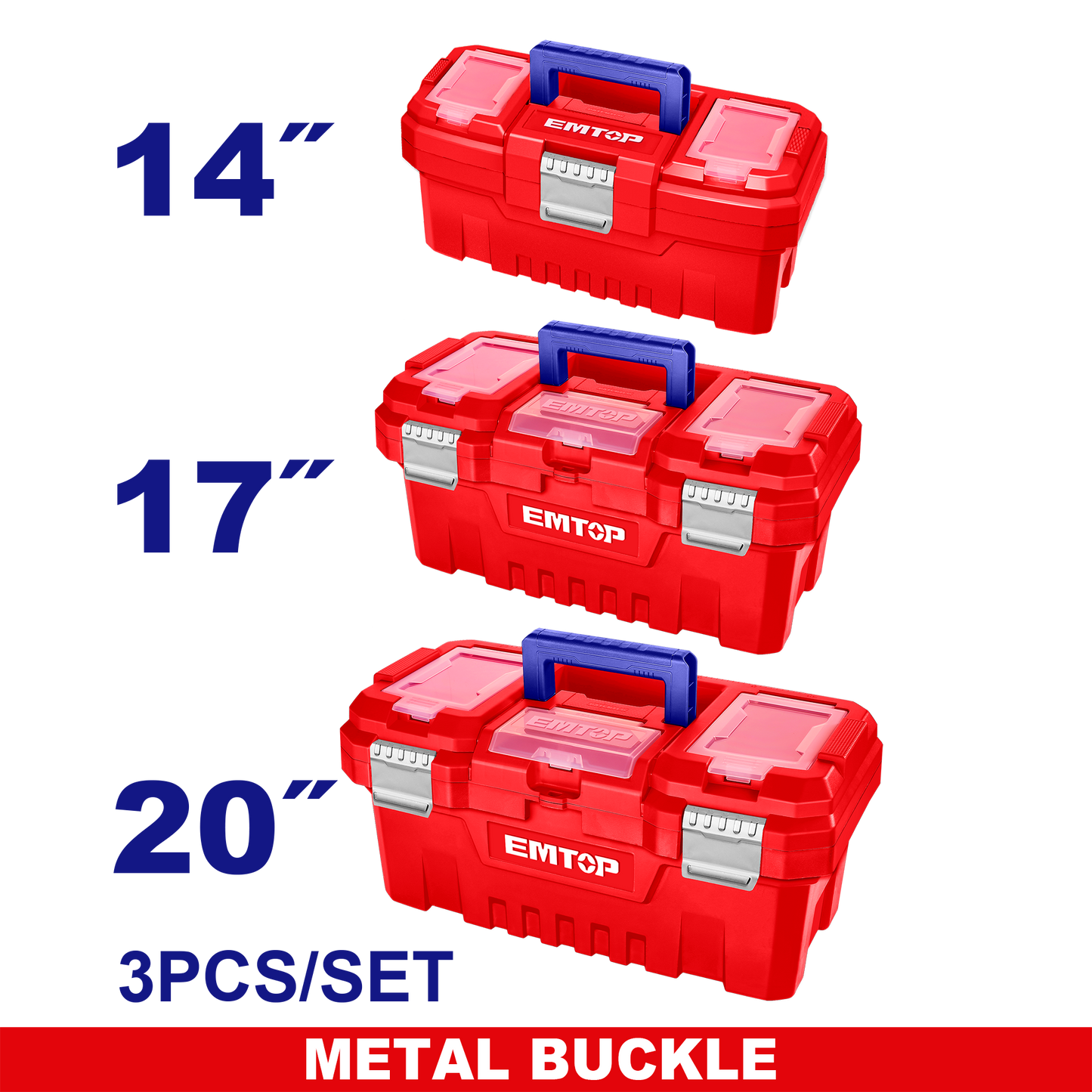Ensemble de 3 boîtes à outils en plastique EMTOP 14" + 17" + 20" Boucle en métal Poignée haute résistance Couvercle supérieur avec trois zones de rangement Contient 1 plateau en plastique