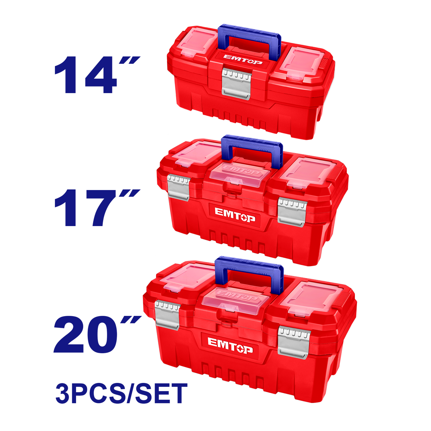 Ensemble de 3 boîtes à outils en plastique EMTOP 14" + 17" + 20" Boucle en métal Poignée haute résistance Couvercle supérieur avec trois zones de rangement Contient 1 plateau en plastique