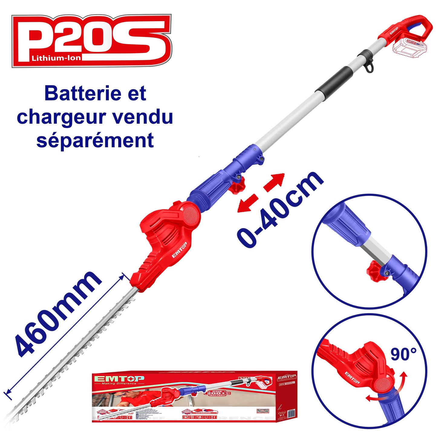 Taille-haies sur perche sans fil EMTOP 20V batterie et chargeur vendus séparément Longueur de Lame 460 mm Diamètre de Coupe 18 mm Pole d'extension de 240 cm
