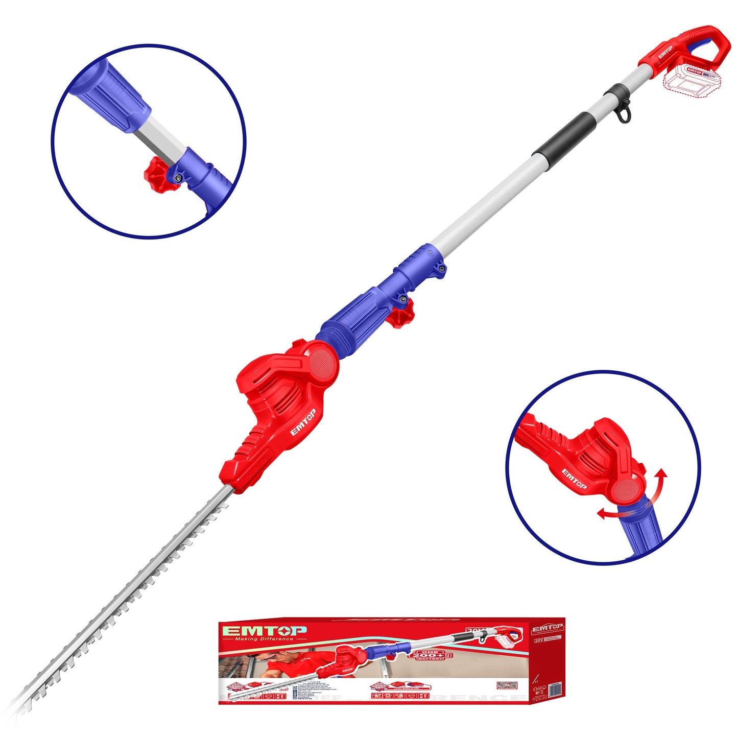 Taille-haies sur perche sans fil EMTOP 20V batterie et chargeur vendus séparément Longueur de Lame 460 mm Diamètre de Coupe 18 mm Pole d'extension de 240 cm