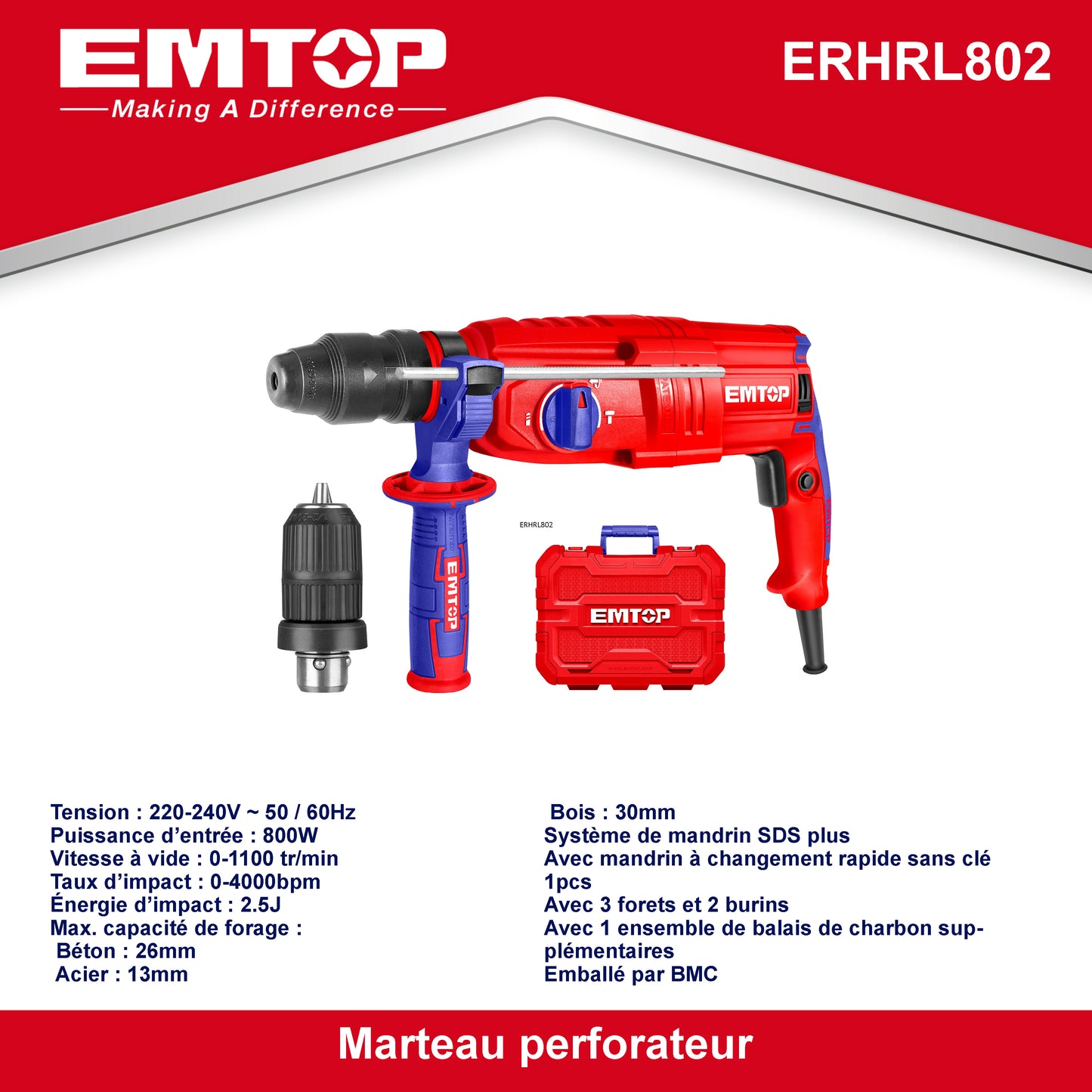 Marteau perforateur filaire 800W EMTOP Système de mandrin SDS plus avec 1 mandrin à changement rapide sans clé 3 forets 2 burins 1 ensemble de balais de charbon + Boîte en plastique