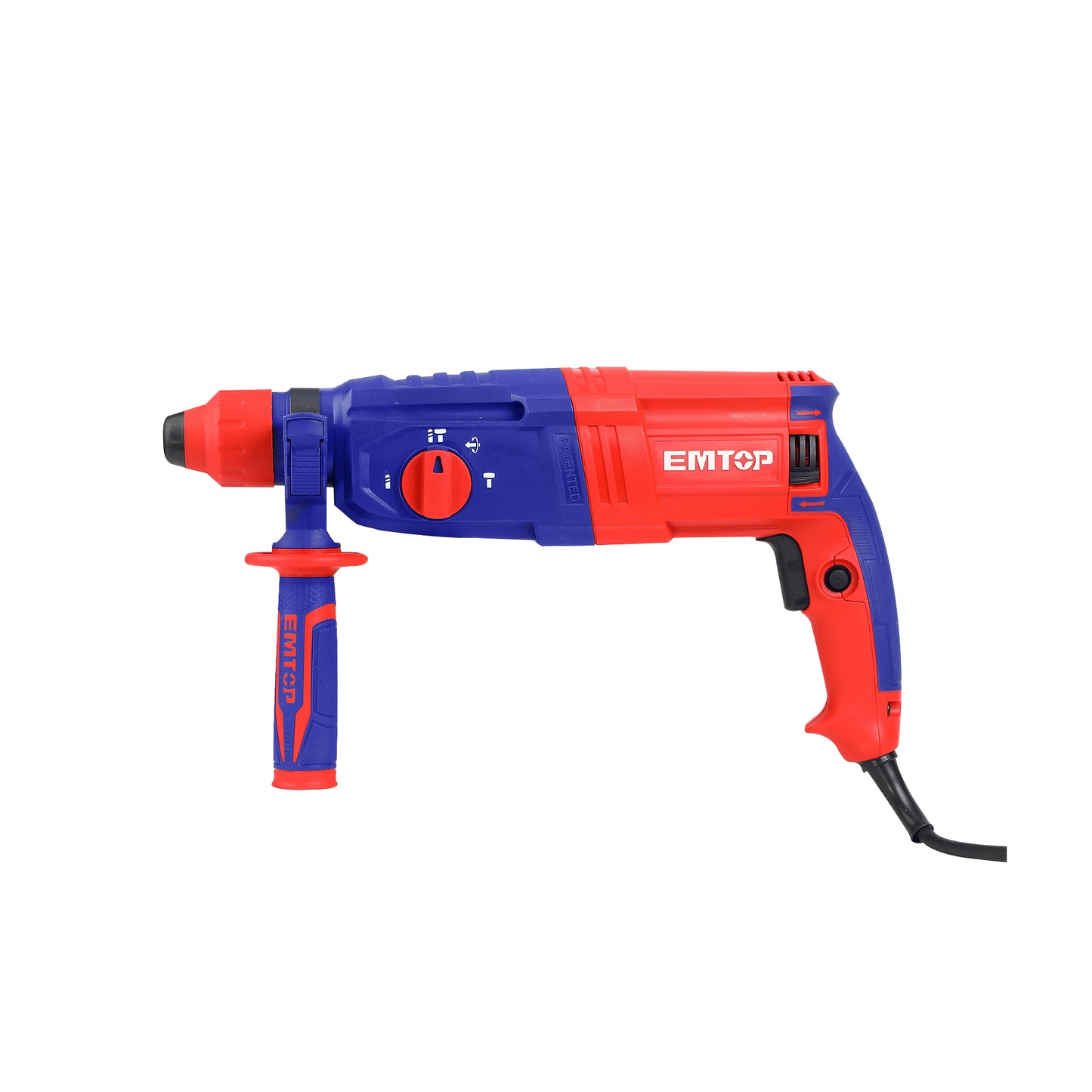 Marteau perforateur filaire 950W EMTOP Système de mandrin SDS plus avec 1 mandrin à clé 13mm 3 forets et 2 burins 1 ensemble de balais de charbon + Boîte en plastique