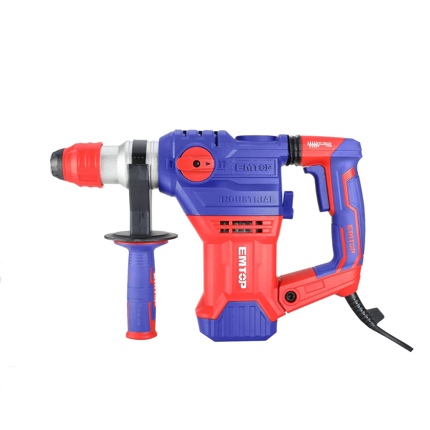 Marteau perforateur filaire 1500W EMTOP Système de mandrin SDS plus anti-vibration avec 3 forets et 2 burins 1 ensemble de balais de charbon + Boîte en plastique