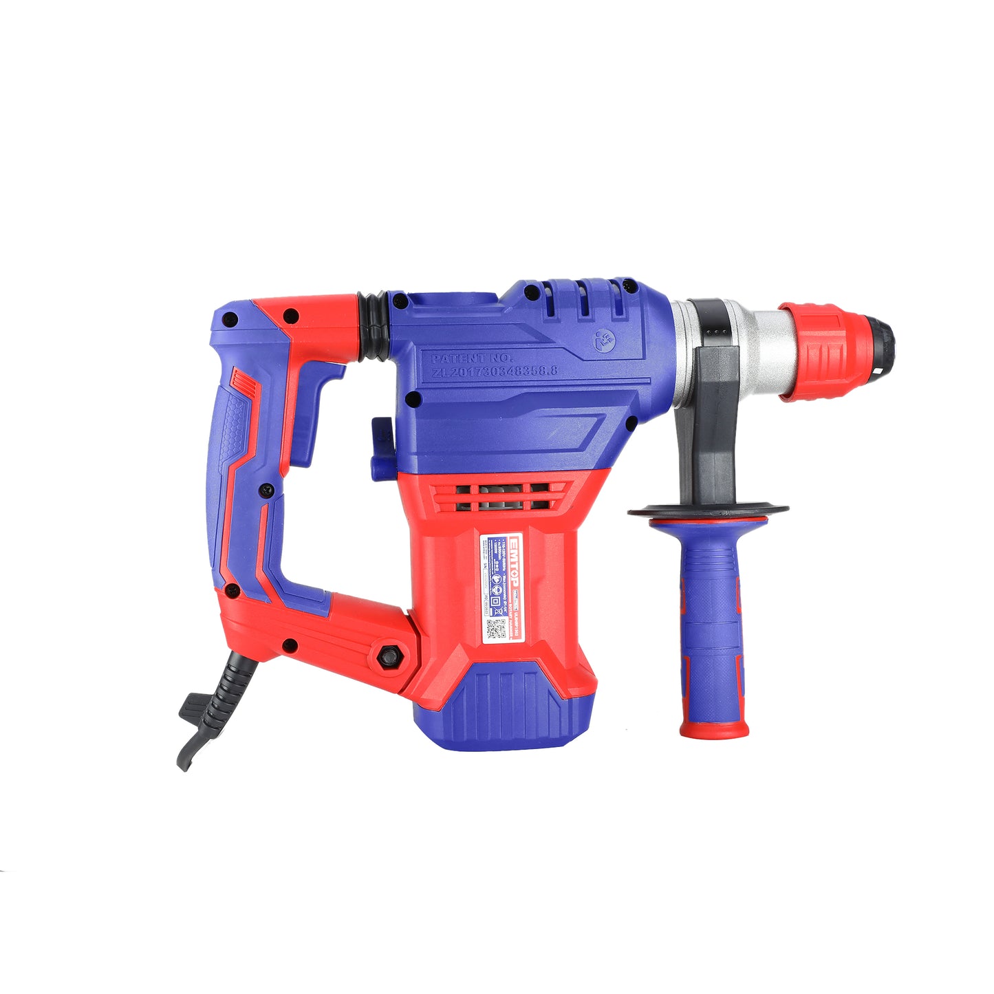 Marteau perforateur filaire 1500W EMTOP Système de mandrin SDS plus anti-vibration avec 3 forets et 2 burins 1 ensemble de balais de charbon + Boîte en plastique