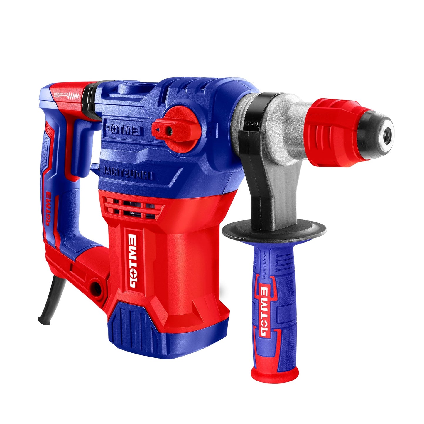 Marteau perforateur filaire 1500W EMTOP Système de mandrin SDS plus anti-vibration avec 3 forets et 2 burins 1 ensemble de balais de charbon + Boîte en plastique