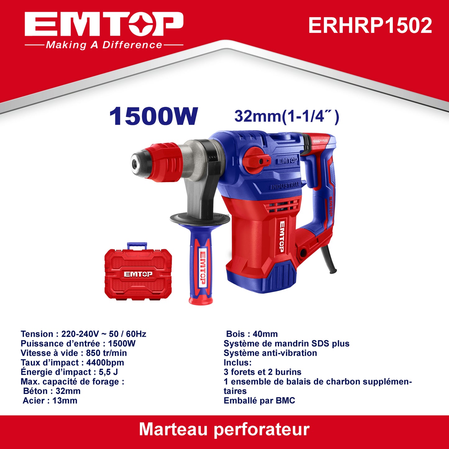 Marteau perforateur filaire 1500W EMTOP Système de mandrin SDS plus anti-vibration avec 3 forets et 2 burins 1 ensemble de balais de charbon + Boîte en plastique