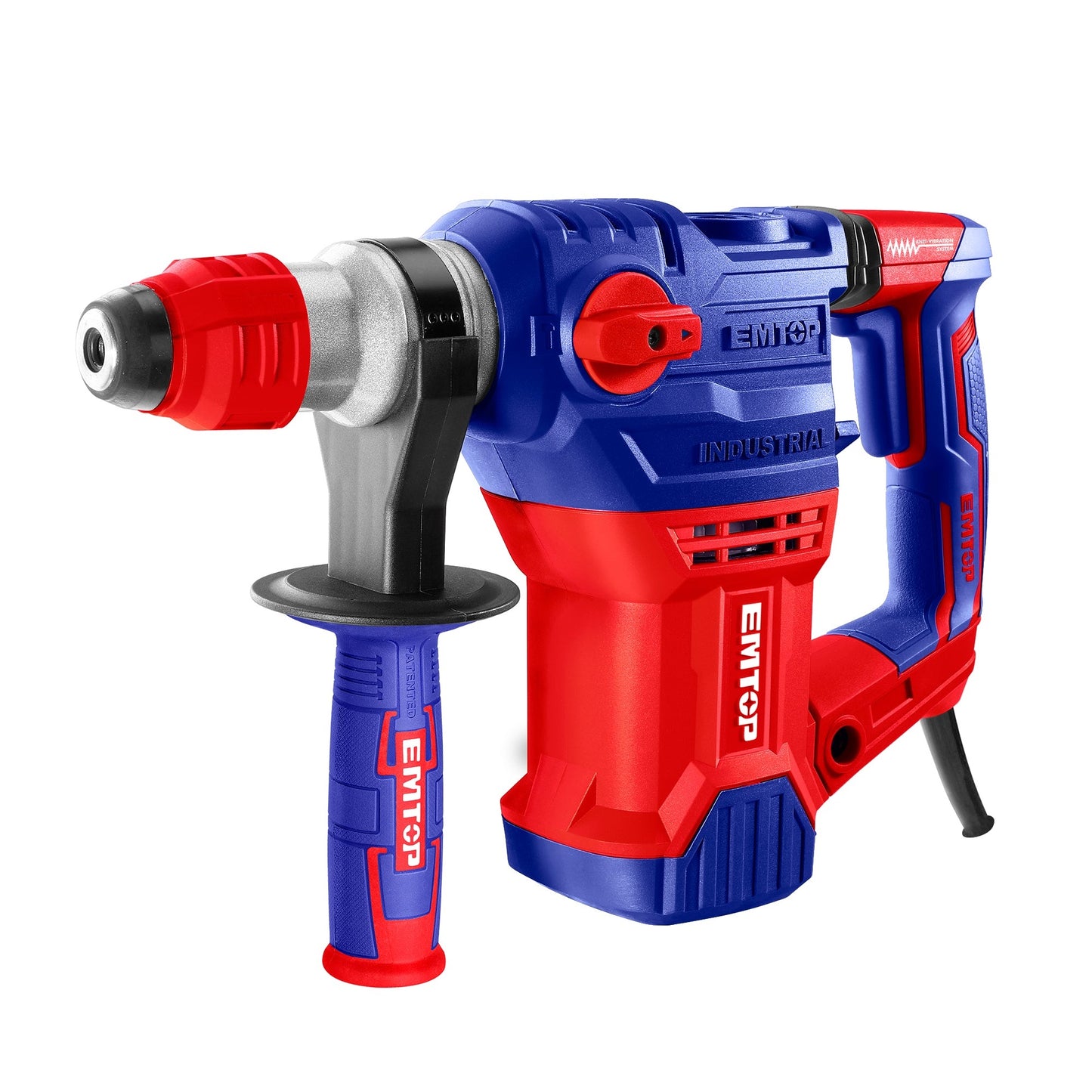 Marteau perforateur filaire 1500W EMTOP Système de mandrin SDS plus anti-vibration avec 3 forets et 2 burins 1 ensemble de balais de charbon + Boîte en plastique