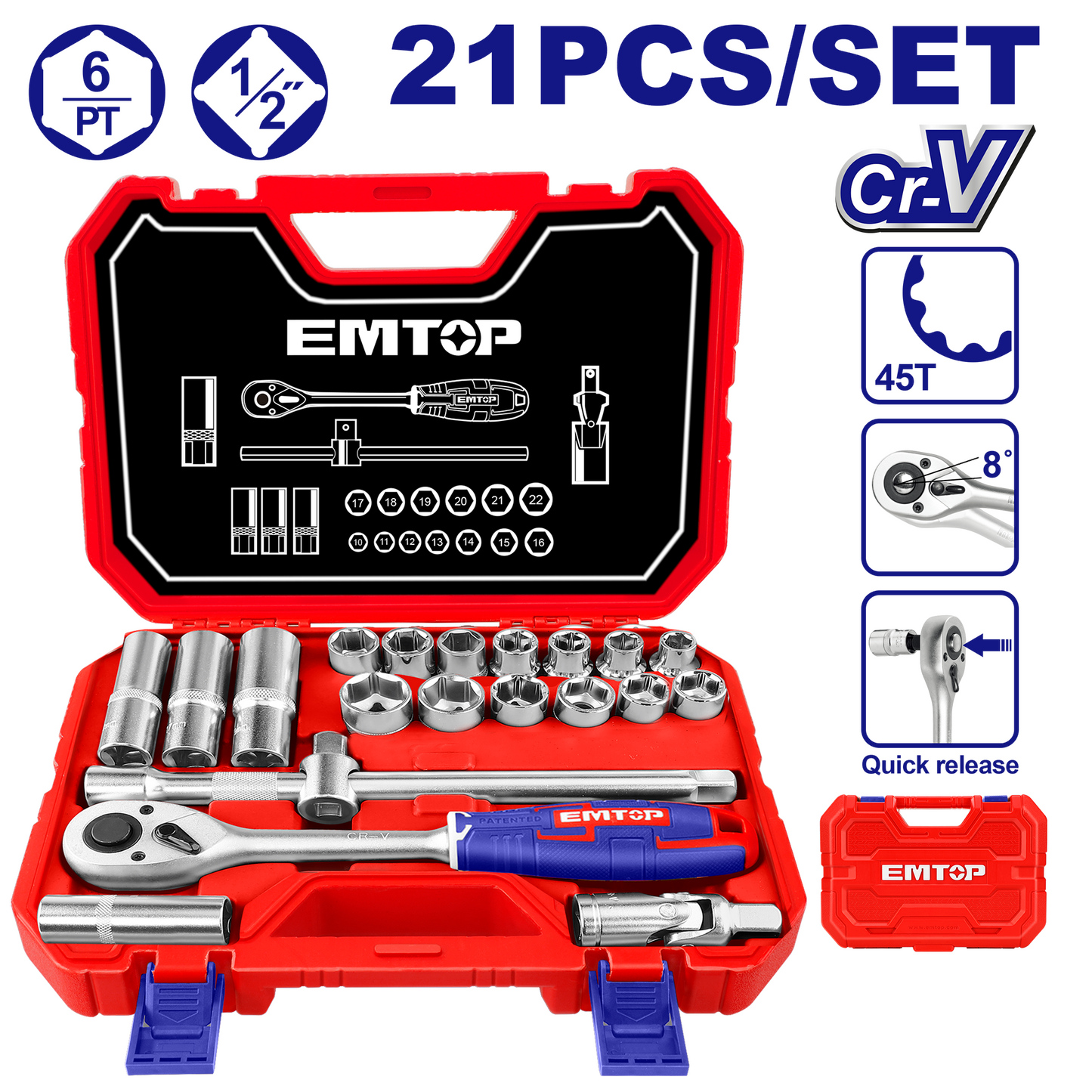 Coffret jeu de 21 douilles 1/2" EMTOP Acier Cr-V de haute qualité Traité thermiquement Chromé avec une boite BMC